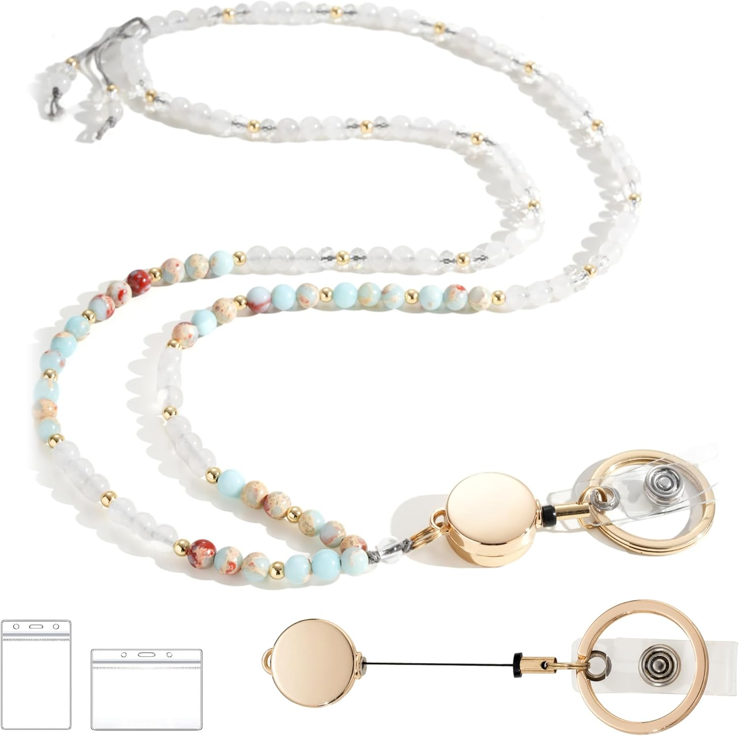 LENYNAL Lanyards for ID Badges and Keys, Natural Stone Retractable Lanyard Durable 3.0 Beaded Lanyard for Teacher Women