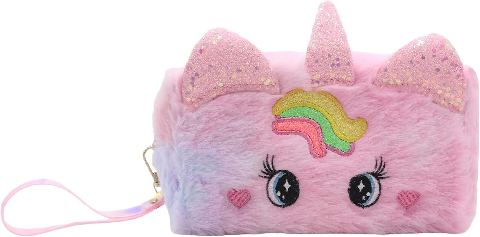 DDPOND Cute Cartoon Unicorn Makeup Bag Big Eyes Plush Travel Cosmetic Organizer Bag Fluffy Hanging Toiletry Bag for Women Girls