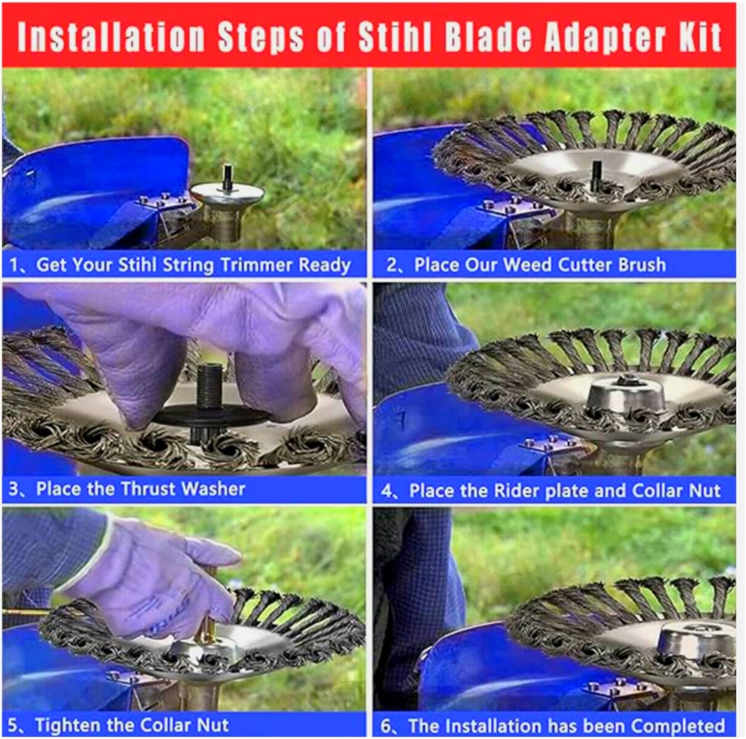 8 Inch Steel Wire Rotary Brush Cutter Trimmer Head Weed Blade Cutter with Adapter Kit Compatible with Husqvarna-Stihl-String-Trimmers, Gardening Lawnmower, Moss Grass Rust Removal image number 6