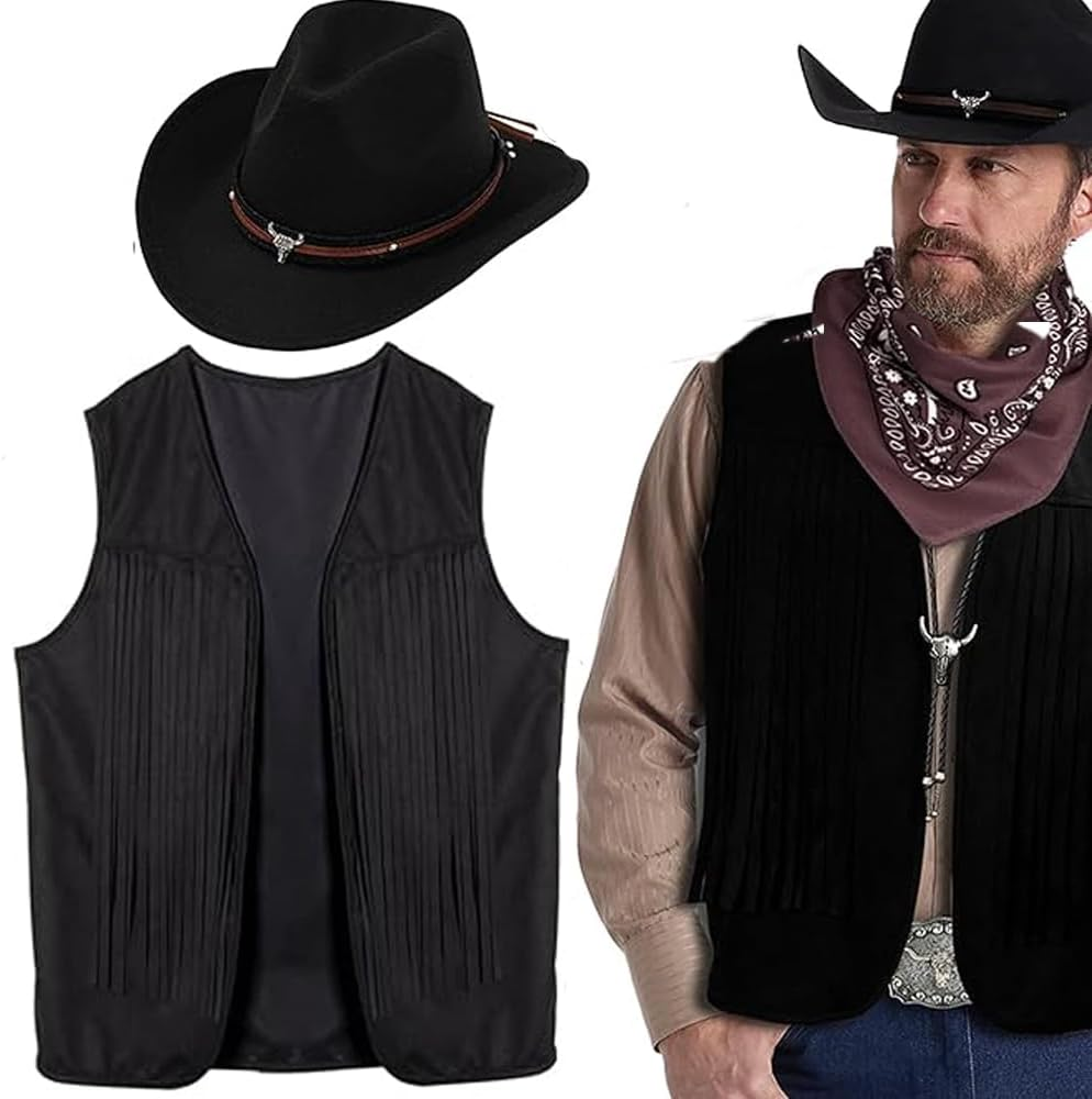 Slowton Western Outfits for Men - Cowboy Outfit Cowboy Hat Tassel Vest for Halloween Cosplay Western Costume Accessories
