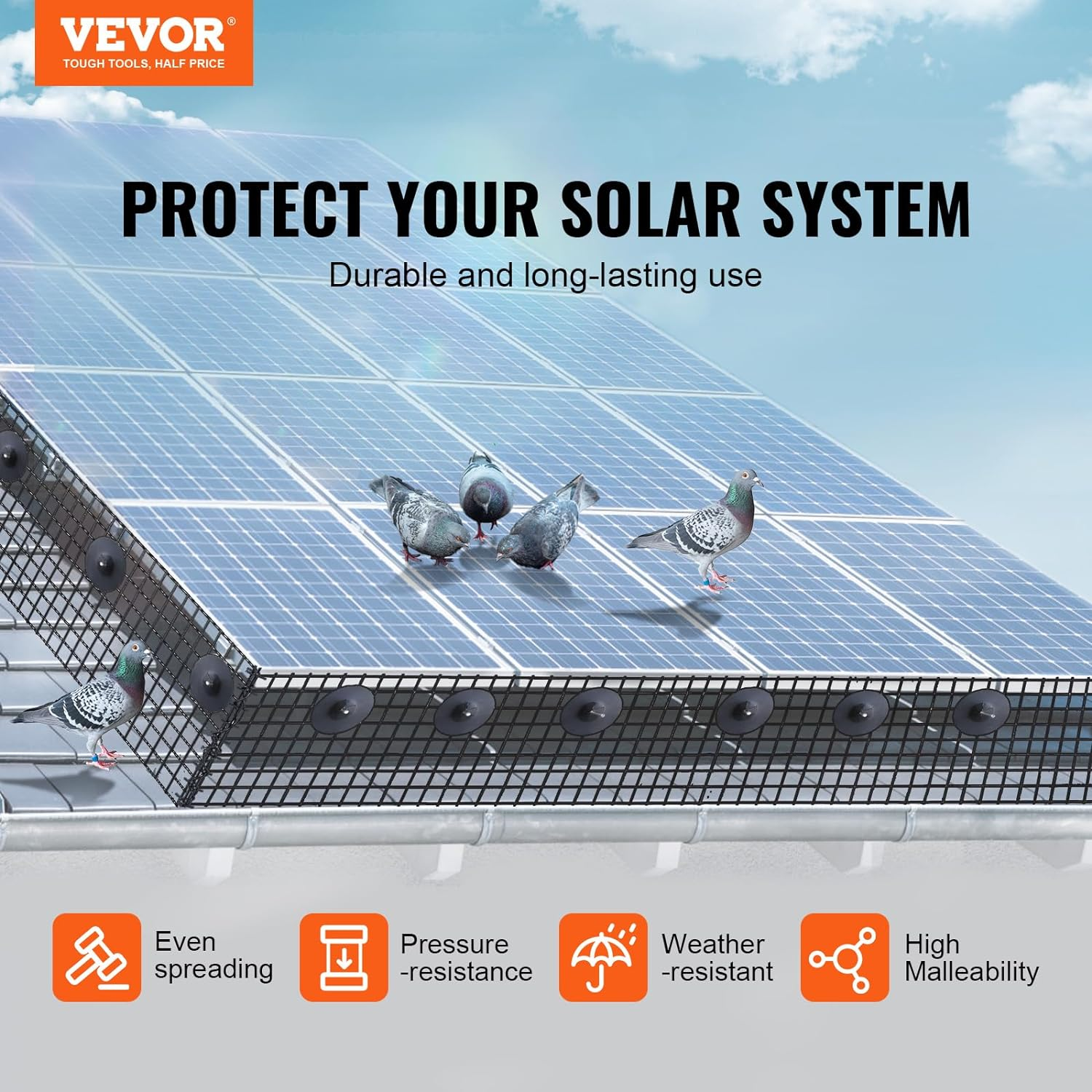 VEVOR 6 Inch X 100Ft Solar Panel Bird Guard, Critter Guard Roll Kit with 60Pcs Stainless Steel Fasteners, Solar Panel Guard with Rust-Proof PVC Coating, 1/2 Inch Wire Roll Mesh image number 6