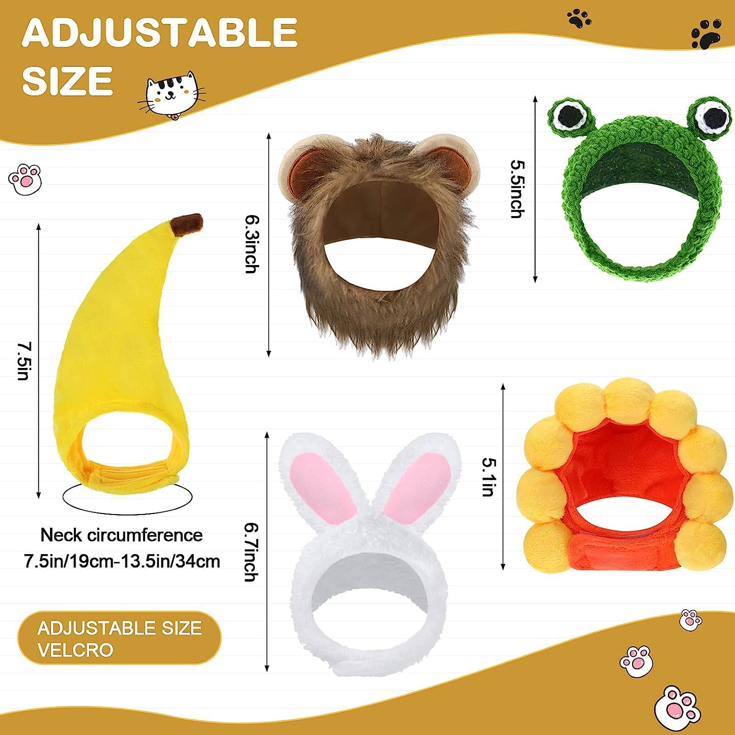 5 Pcs Cat Hat Adorable Costume Bunny Hat with Ears Funny Mane Cat Hat for Cats and Small Dogs Kitten Puppy Party Costume Accessory Headwear (Lion, Frog, Rabbit, Sunflower, Banana) image number 3