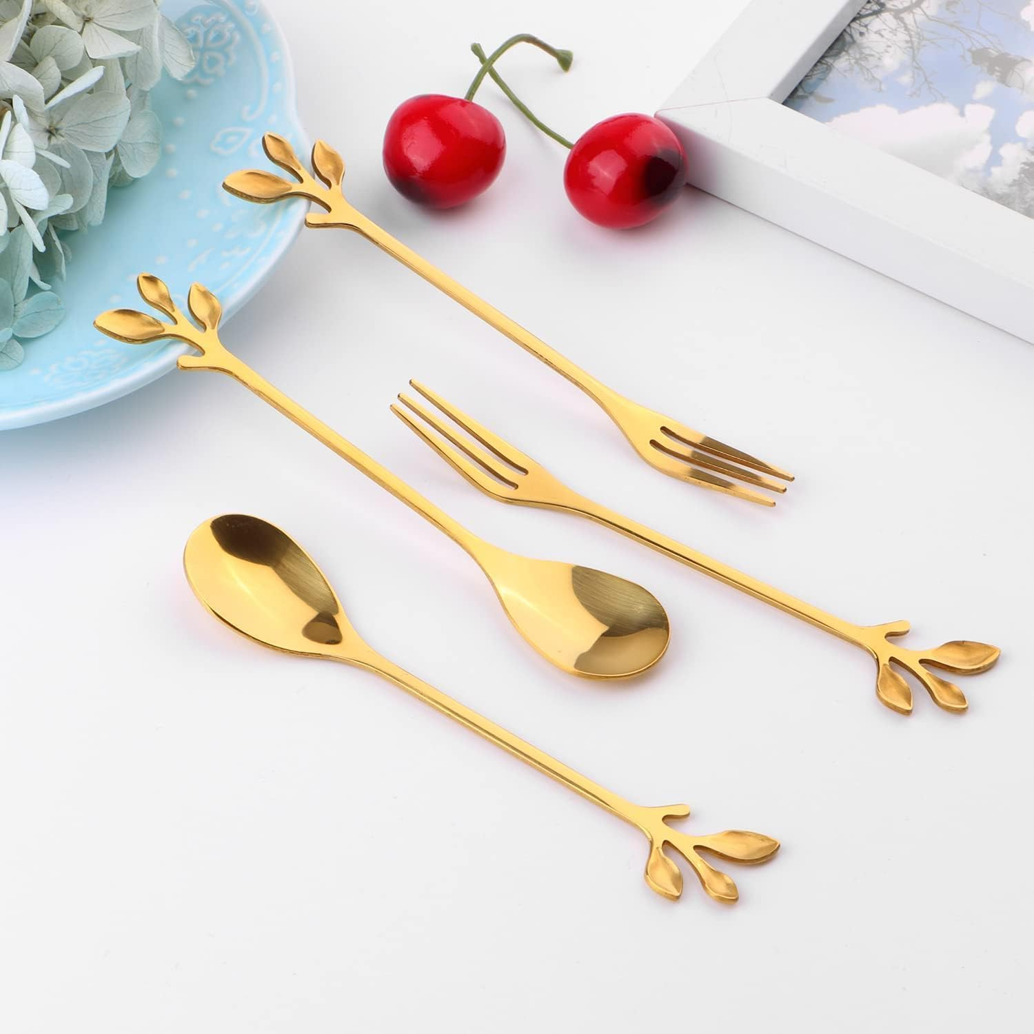 12Pcs Stainless Steel Gold Leaf Coffee Spoon and Cake Fruit Forks, Tableware Dessert Demitasse Ice-Cream Tea Spoons and Forks, Cake, Sugar Coffee Mixing Spoon and Fork Set(6 Forks + 6 Spoons) image number 5
