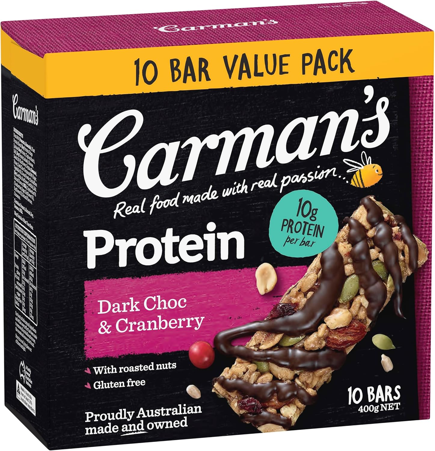 Carman'S Dark Choc & Cranberry Protein Bar Value Pack 10X40G image number 5
