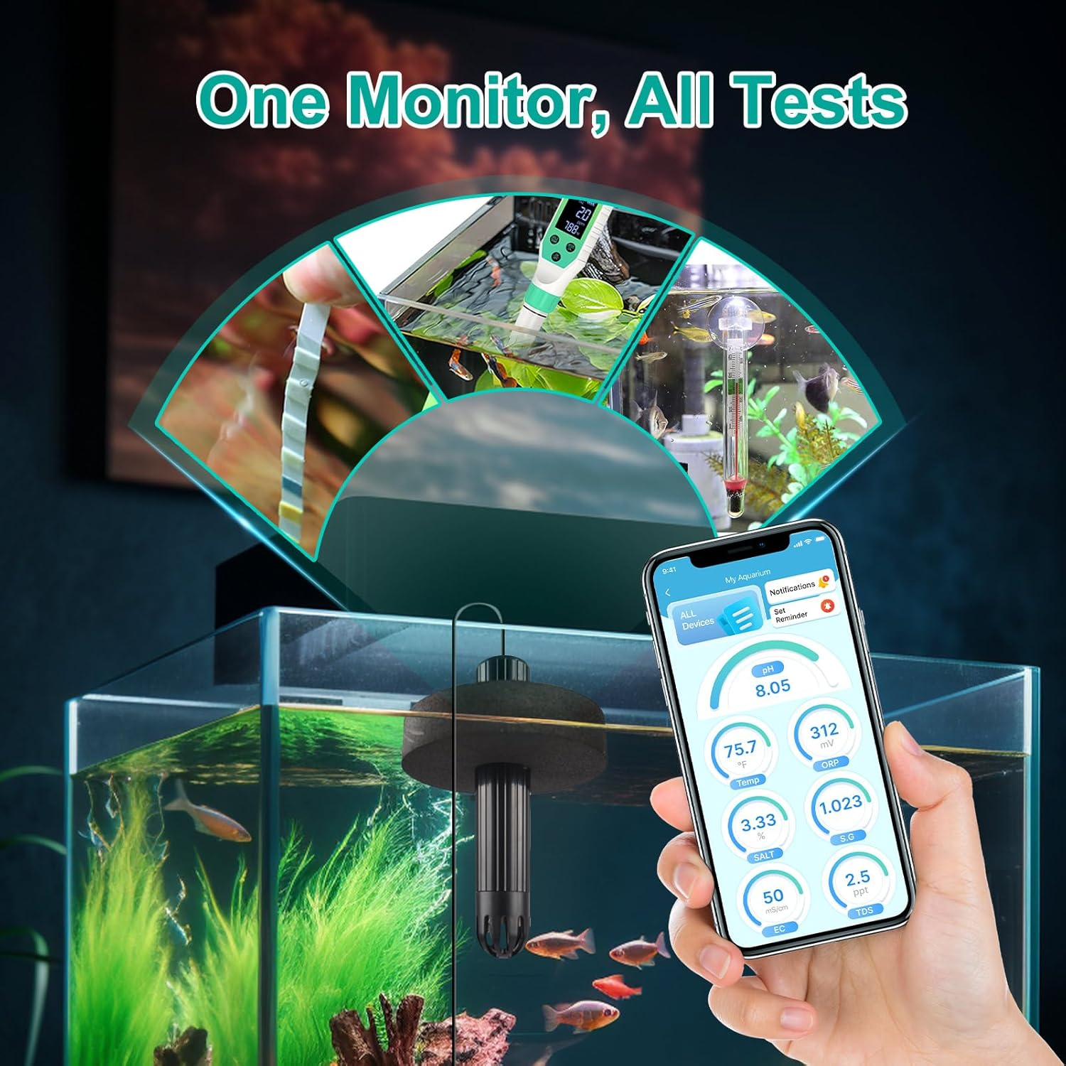 Kactoily Smart Aquarium Monitor, Multi-Parameter Fish Tank Water Tester for Ph, Salinity, SG, ORP, TDS, EC & Temp with Real-Time App Alerts image number 4