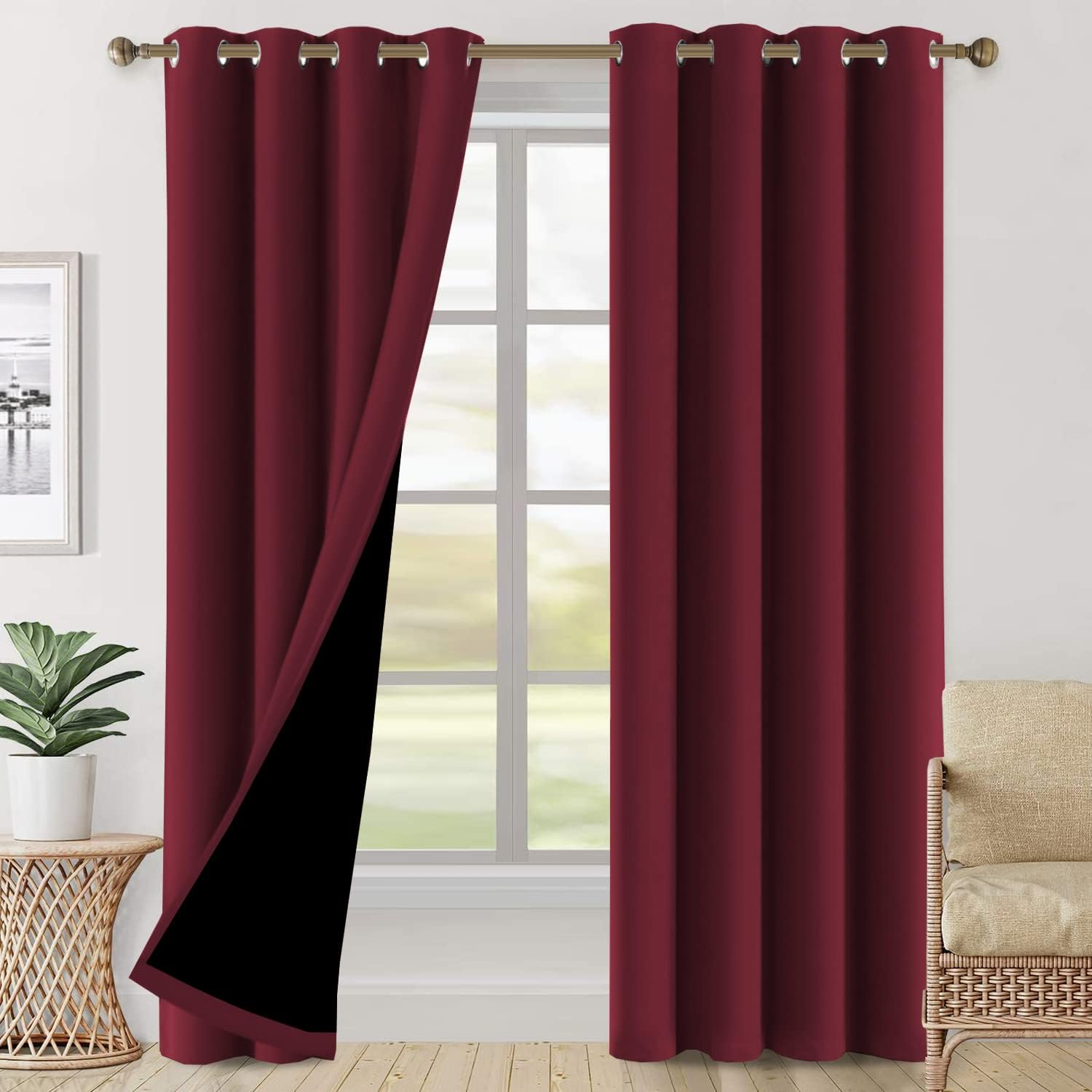H.VERSAILTEX 100% Blackout Curtains Completely Blackout Window Drapes Thermal Insulate Double Layer with Black Liner for Bedroom 2 Panels Set, Each W132Cm X D160Cm, Natural