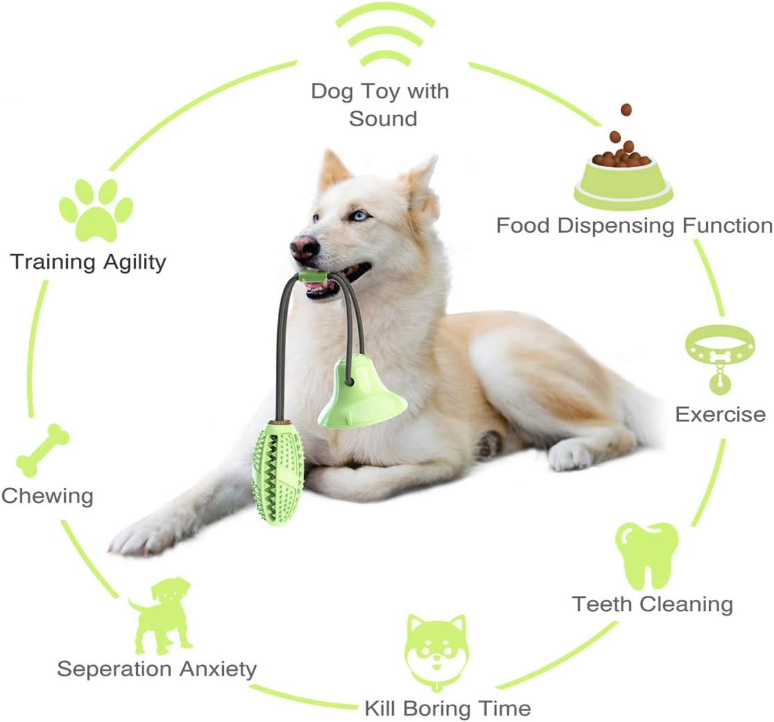Dog Chew Suction Cup Tug of War Toy Multifunction Interactive Pet Aggressive Chewers Rope Puzzle Toothbrush Molar Bite Squeaky Toys Ball with Teeth Cleaning and Food Dispensing Features (Green)