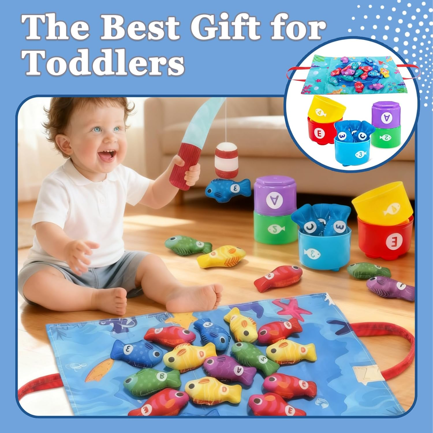 22Pcs Cloth Fishing Game with Stacking Cups, Toddler Toys for 1 Year Old Boy Girl Birthday Gift, Toddlers'S Sensory Toy with Stacking Cups Number Counting, Color Sorting Learning