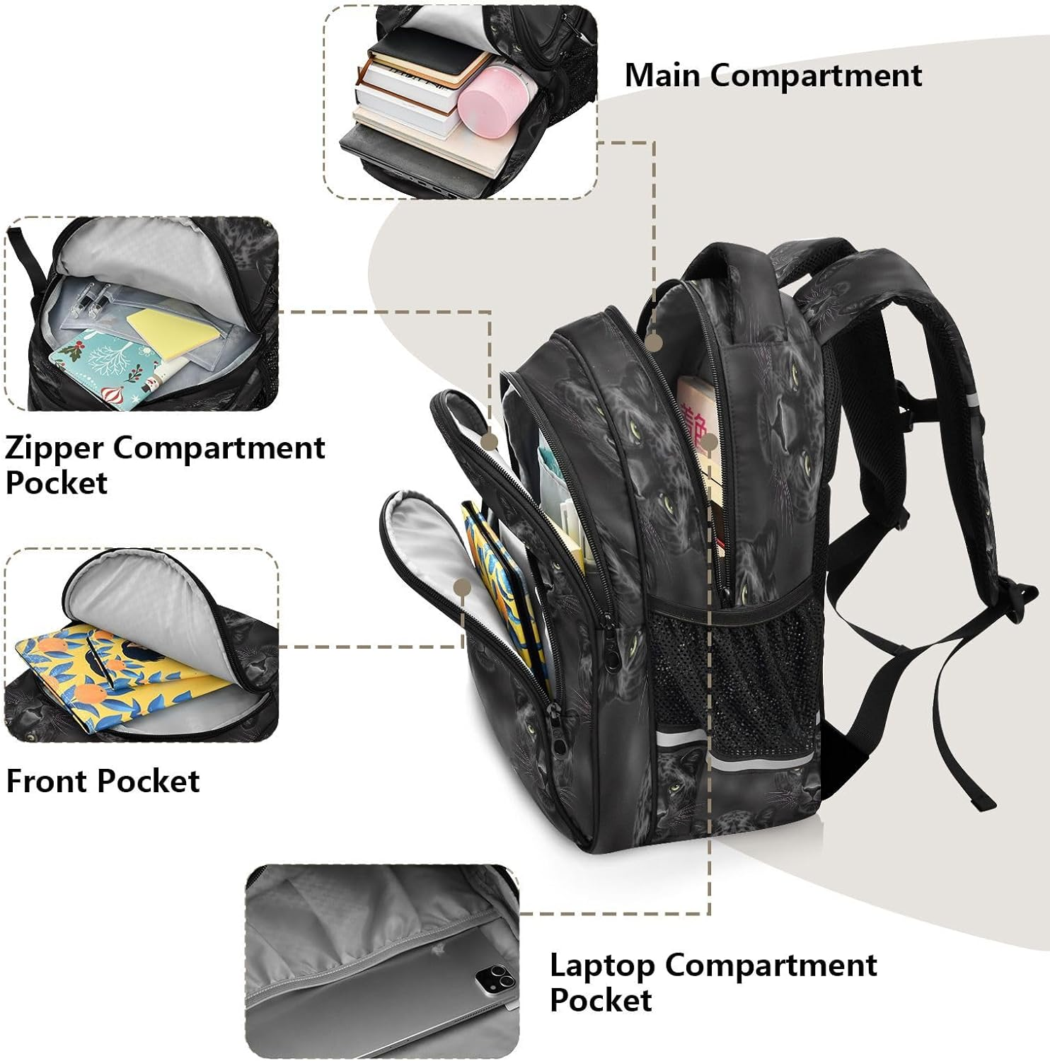 RPLIFE 15 Inch Kids School Backpack for Boys Girls, Backpack Boys Elementary School, Black Panthers image number 5