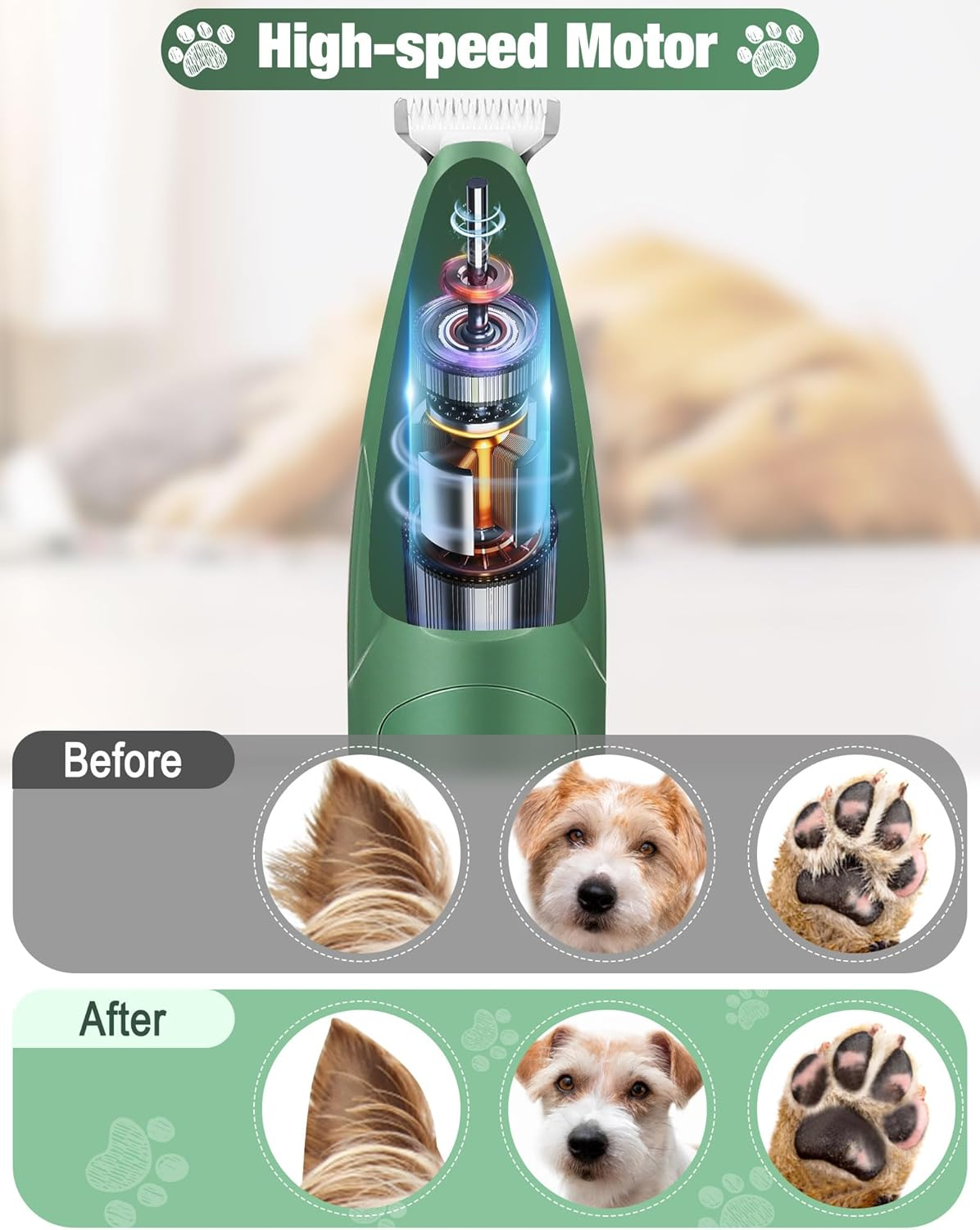 LEYOUFU Dog Paw Trimmer for Grooming, Cordless Small Pet Hair Grooming Clippers Low Noise Dog Clipper Shaver for Grooming Cat'S Dog'S Hair around Paws, Eyes, Ears, Face, Rump (Green) image number 3
