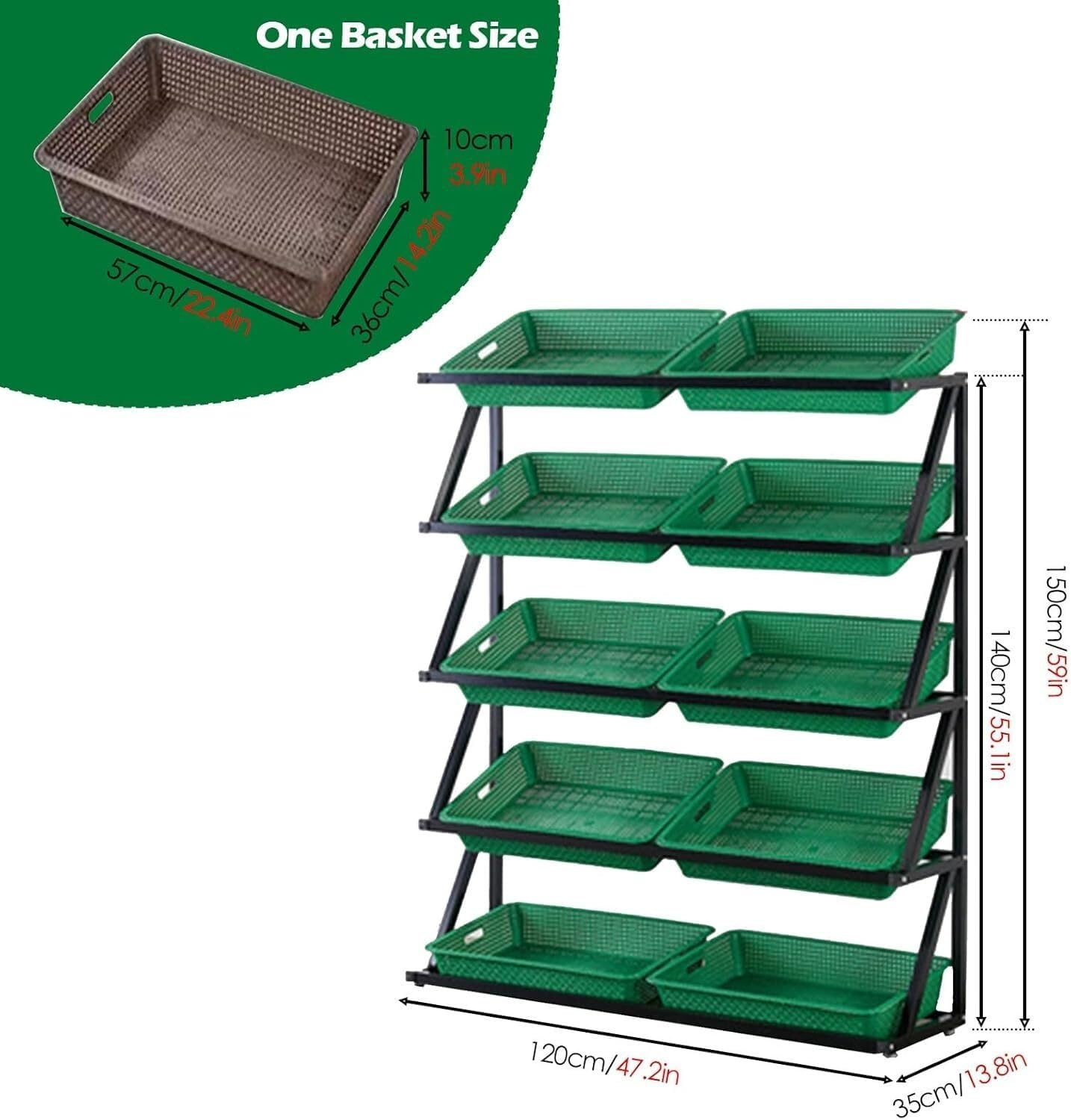 Snack Storage Rack Storage Baskets， Snack Organizer Basket Shelf(Green,120X35X140Cm/47.2X13.8X55.1In) image number 2