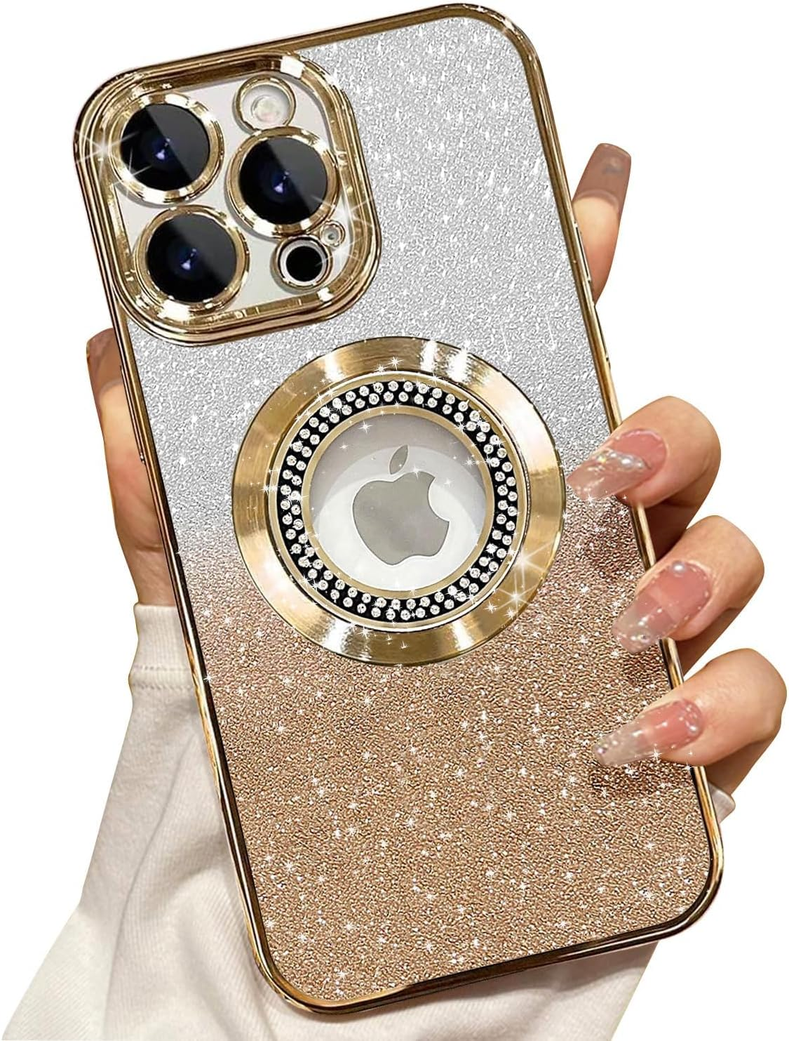AMITOME Glitter Phone Case for Iphone 15 Pro Max 6.7 Inch,Diamond Wrapped Magnetic Suction Case,Luxury Plating Bling Shockproof Rugged Protective Cover for Women Girl Men - Gold image number 6
