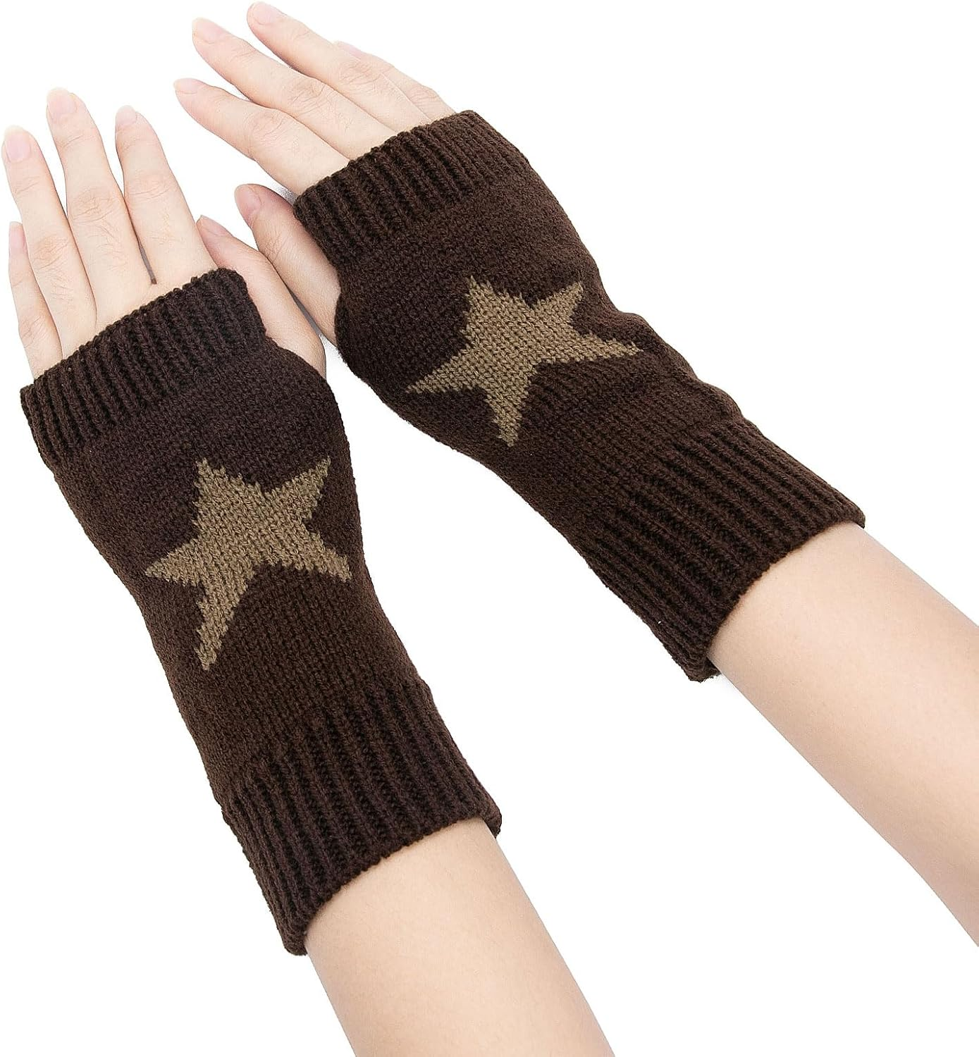 YAMEIZE Fingerless Star Printed Knitted Gloves - Wrist Warmers Mittens Knitted Gloves for Women Men Typing