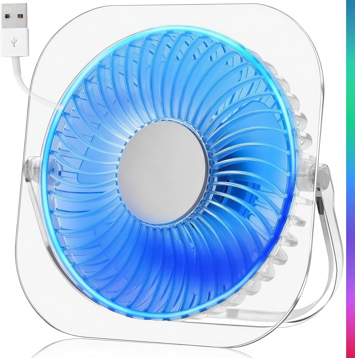 GOBRILLFUN Desk Fan with 3 Speeds, 180&deg; Rotation & Anti-Slip Base &ndash; Usb-Powered RGB Gaming Quiet Cooling Fan for Home, Office, Gaming &ndash; 20,000 Hr Durable Brushless Motor (Transparent Grey)