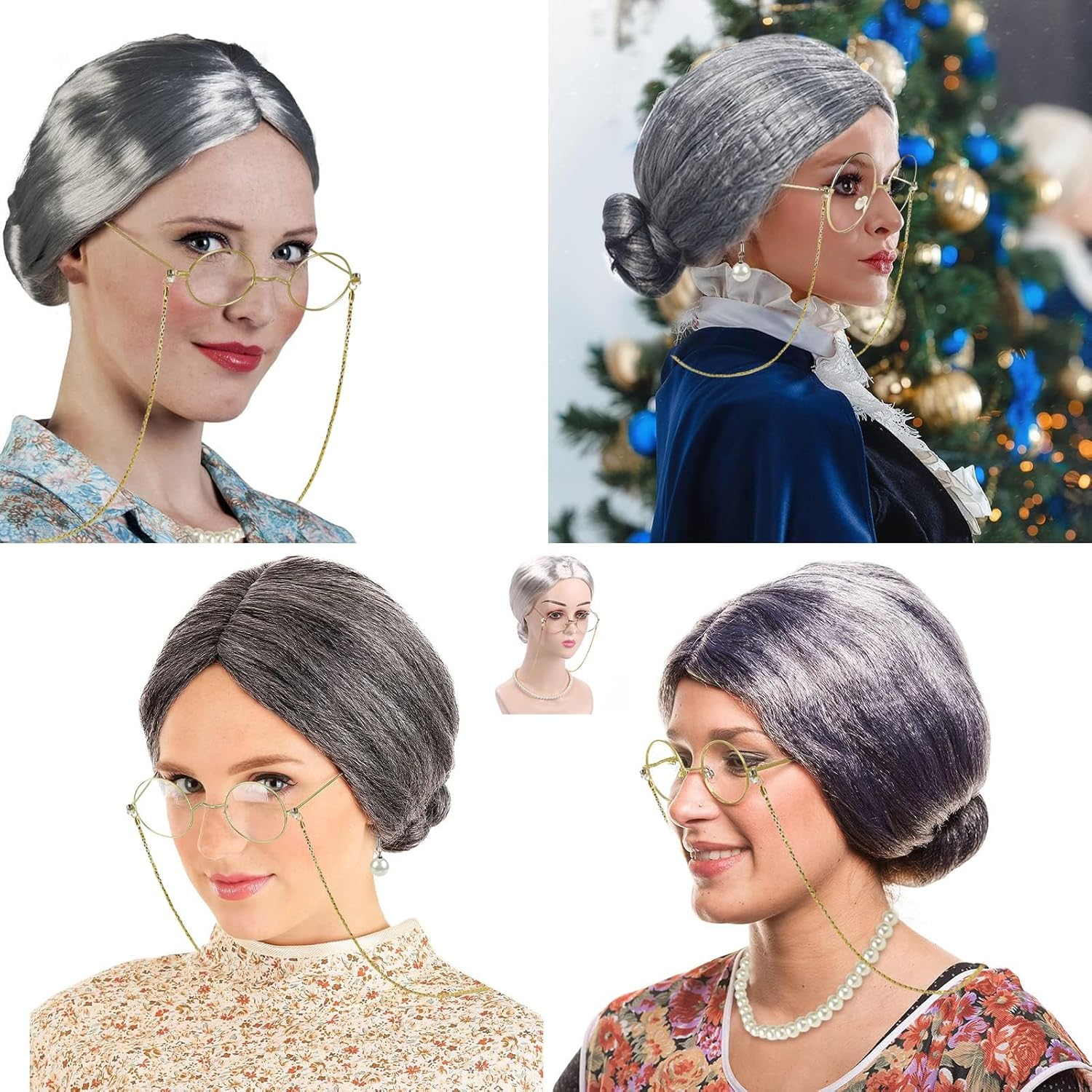 7 Piece Old Lady Dress Set, Grandma Witch Wig, Adult Children Halloween Party Cosplay, Silver and White Bun