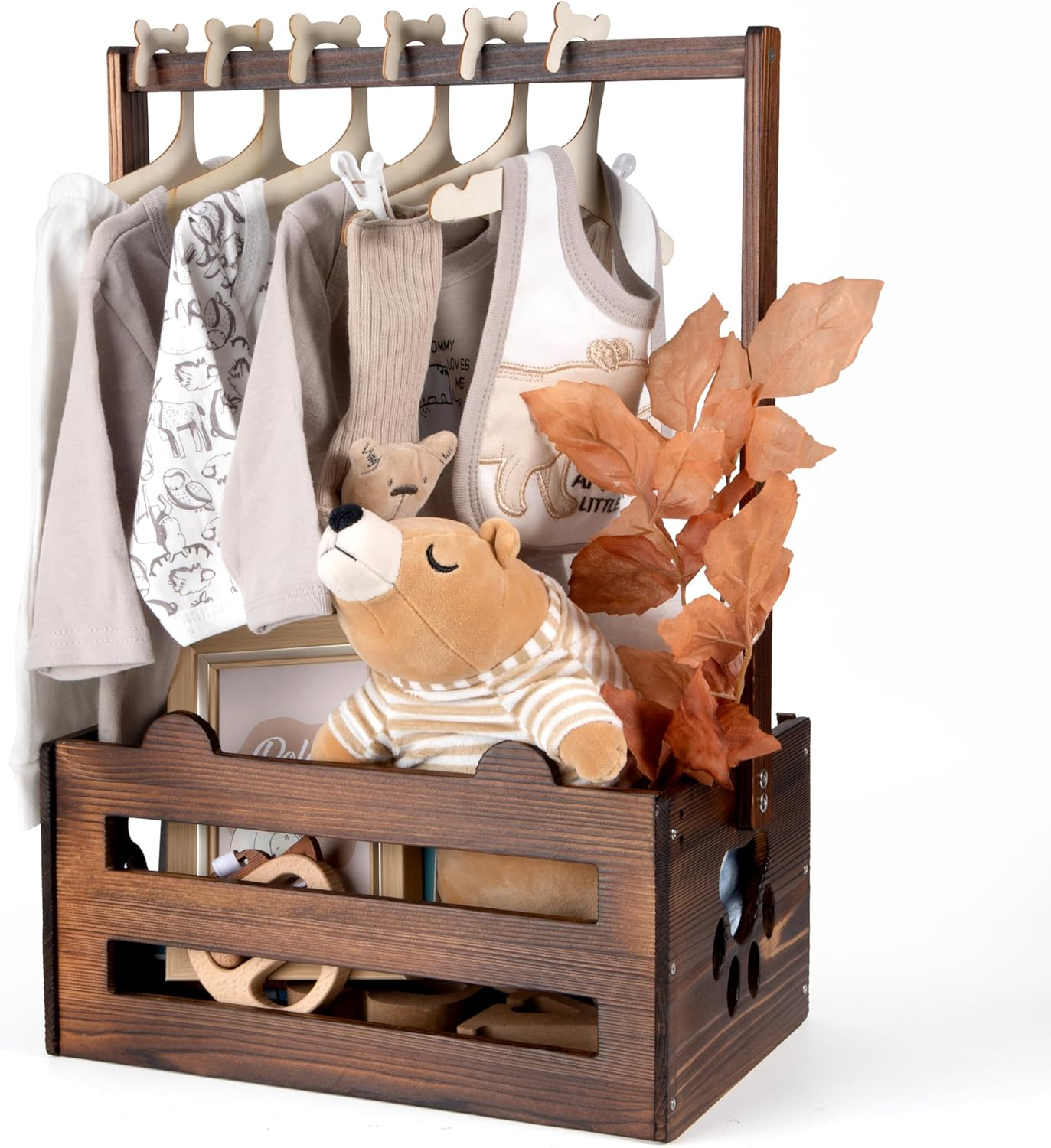 Giftamaz Brown Wooden Baby Gift Crate Closet Basket, Baby Welcome Box, Storage Crate with Handle, Bear Paw Pattern, Natural Finish