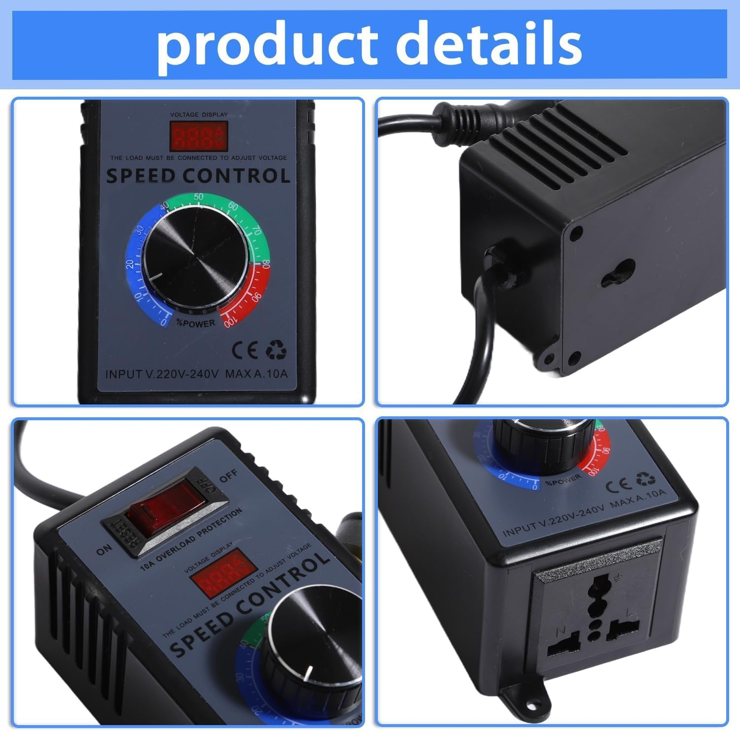 Aikoolwer AC Motor Speed Controller 220V Variable 4000W Max 10A Voltage Regulator Overload Protection Led Display Universal for Fan Drill Router image number 2
