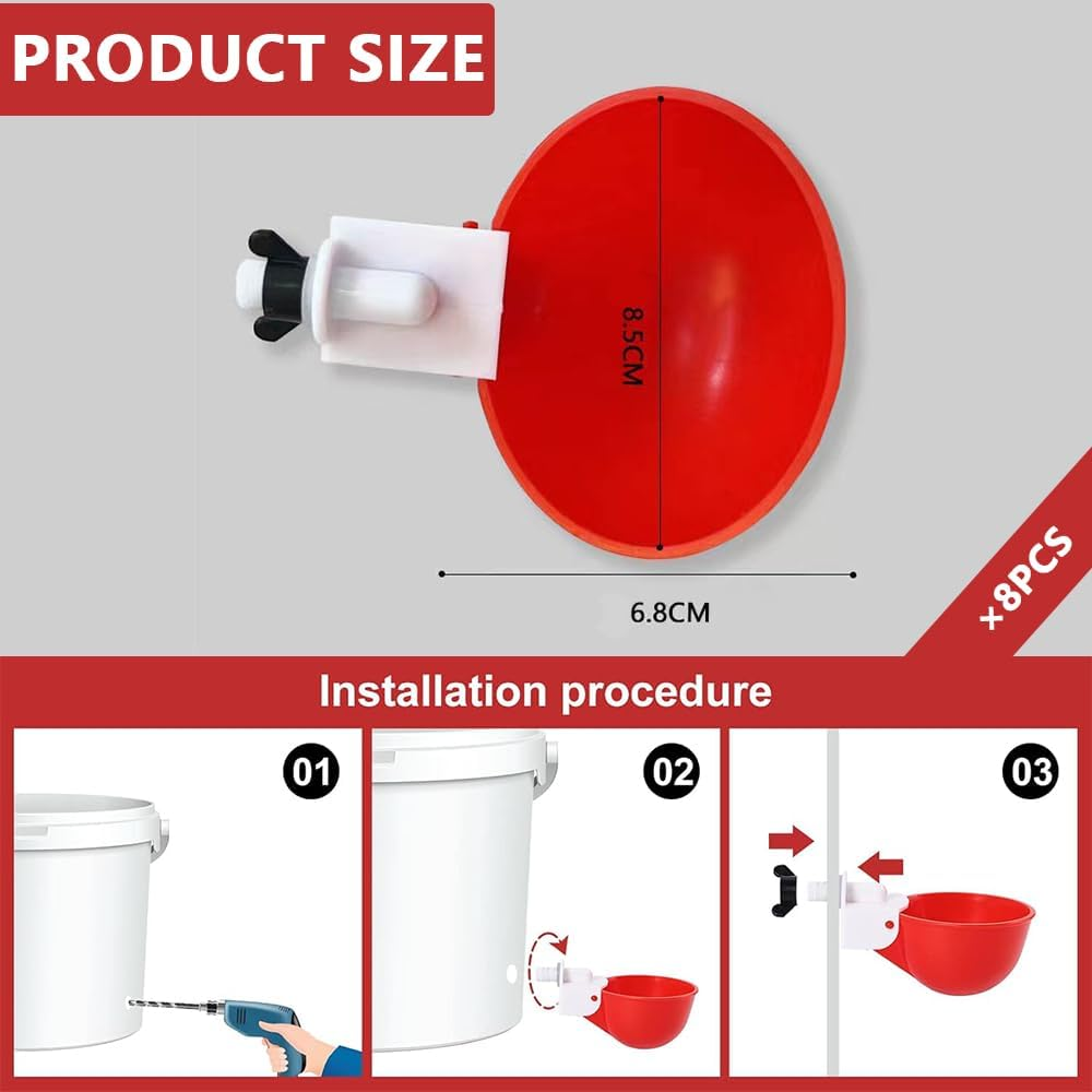 8-Pack Automatic Chicken Waterer Cups &ndash; Large Poultry Water Feeder with Tee Fittings for Ducks, Chicks, Turkeys, Geese, Bunnies & Birds (Red) image number 5