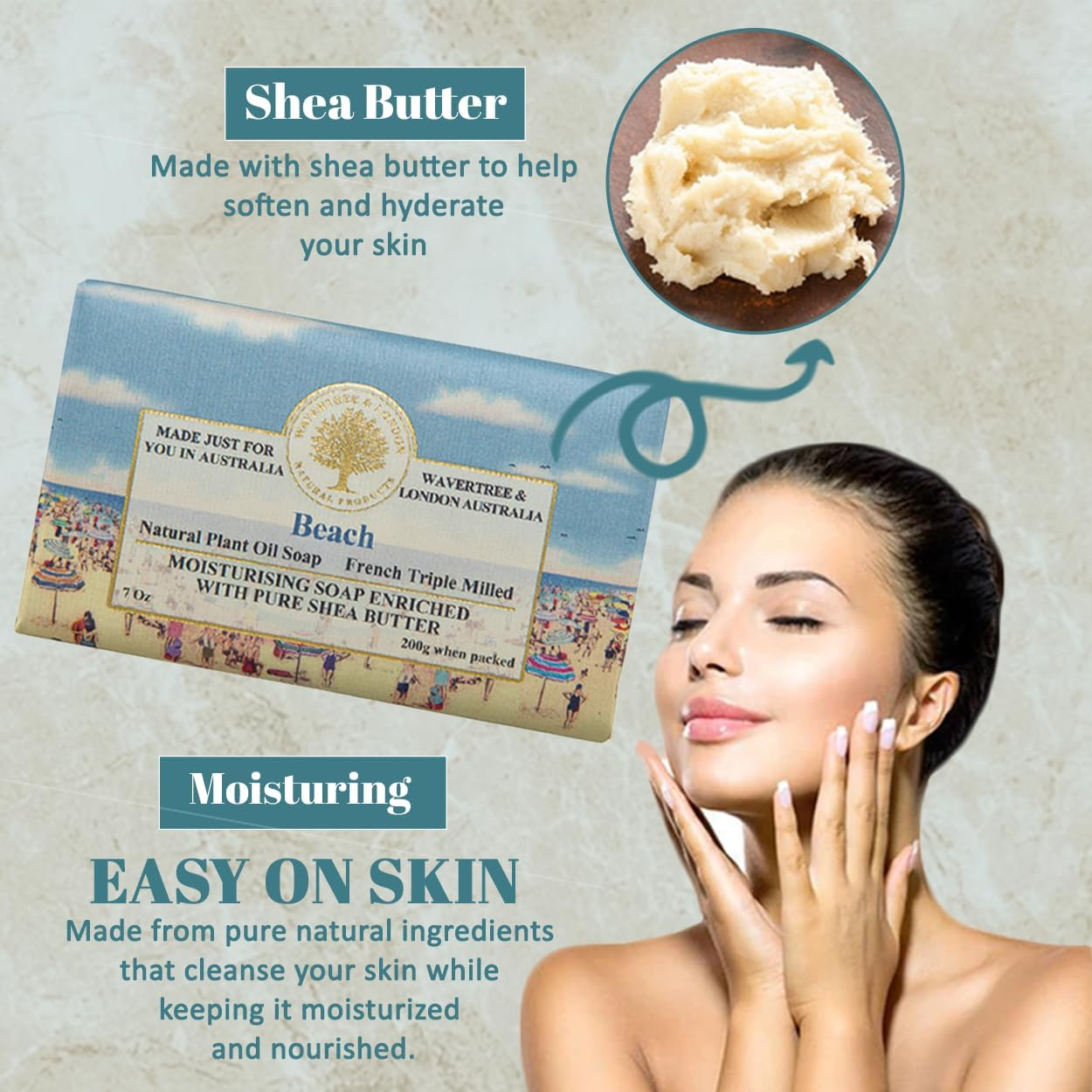 Wavertree & London Beach Scented Natural Soap (2 Bars), 7Oz Moisturizing French Triple Milled Soap Bars Enriched with Shea Butter - Pure Plant Oil Bath & Body Soap for All Skin Types