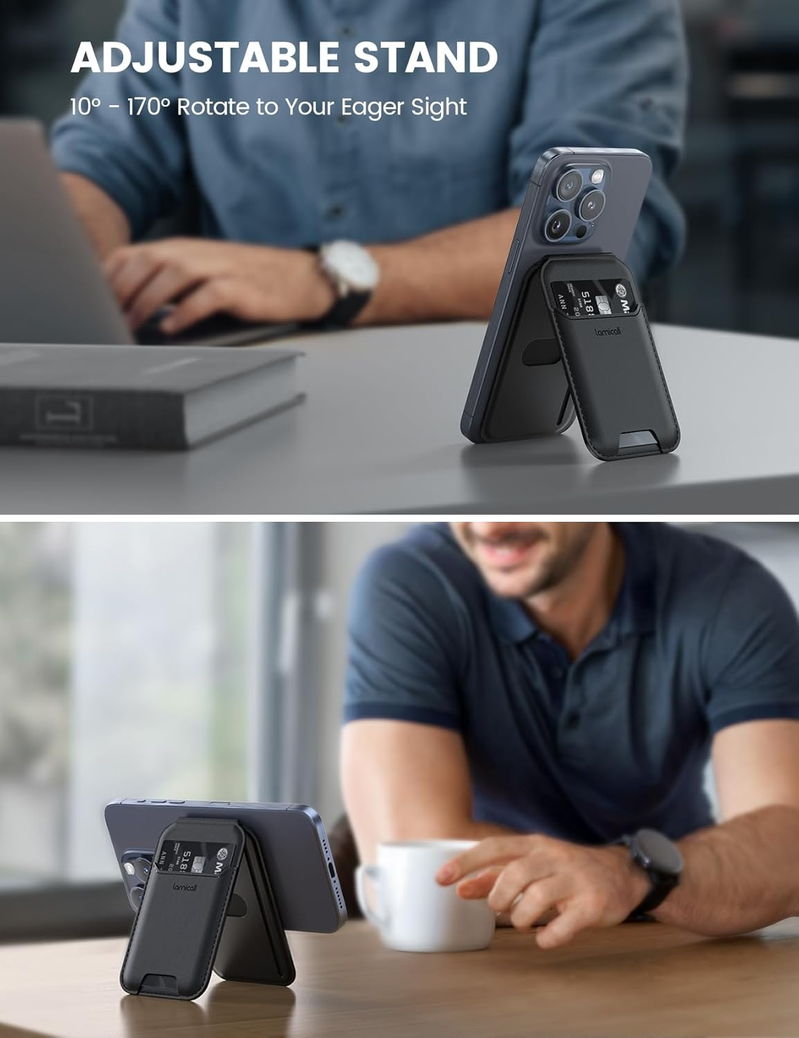 65G Lightweight for Mag Safe Wallet Stand - Upgraded Slim Phone 3 Cards Holder, Adjustable Leather Apple Iphone Wallet Stand, Magnetic for Iphone 16/15/14/13/12, Not for Mini, Mag Safe Accessories image number 3