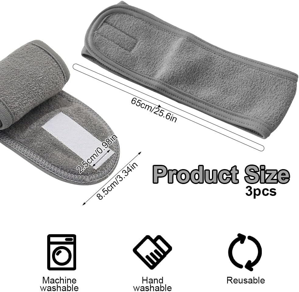 Pack of 3 Hair Bands for Make-Up, Cosmetic Headband, Terry Towelling, Spa Headband, Terry Towelling Hair Bands, Adjustable Hair Protection Band for Showers, Make up and Cosmetics (Grey)