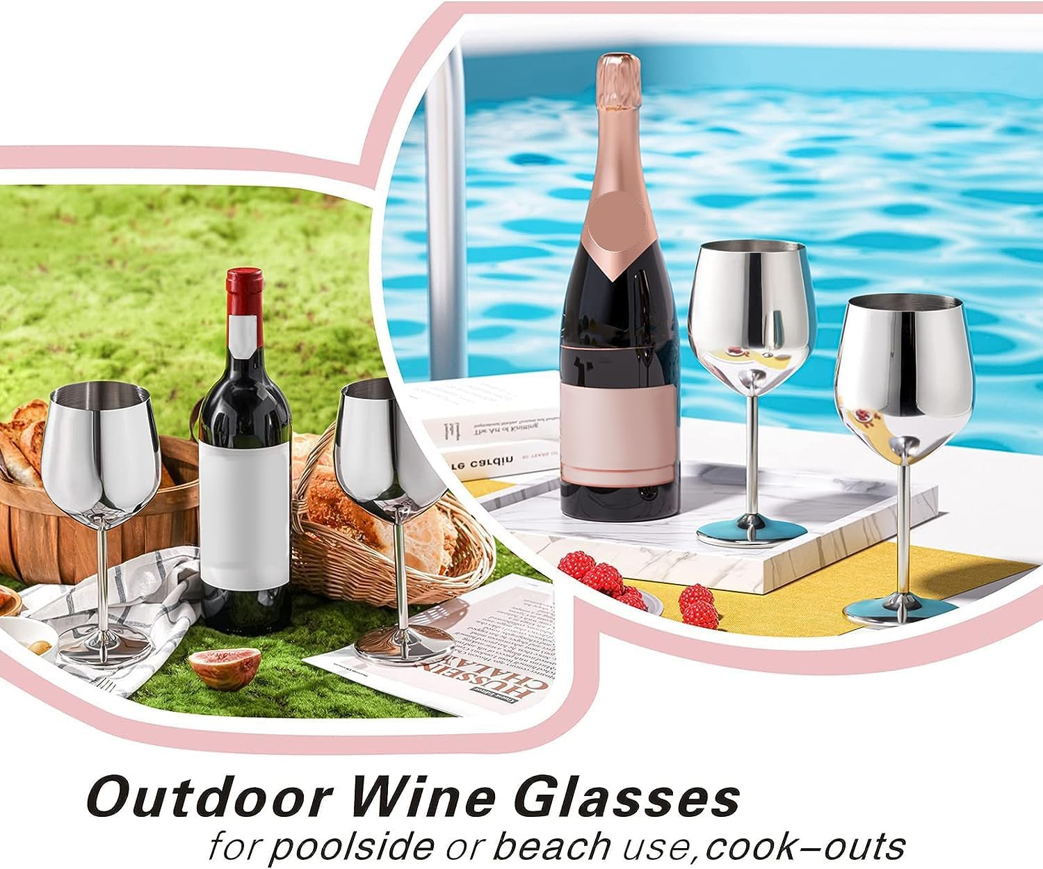 WOTOR Stainless Steel Wine Glasses Set of 4, 540Ml/18Oz Silver Goblet, Unbreakable Metal Wine Glass, Fancy Wine Goblets for Outdoor, Travel, Camping and Pool (Silver)