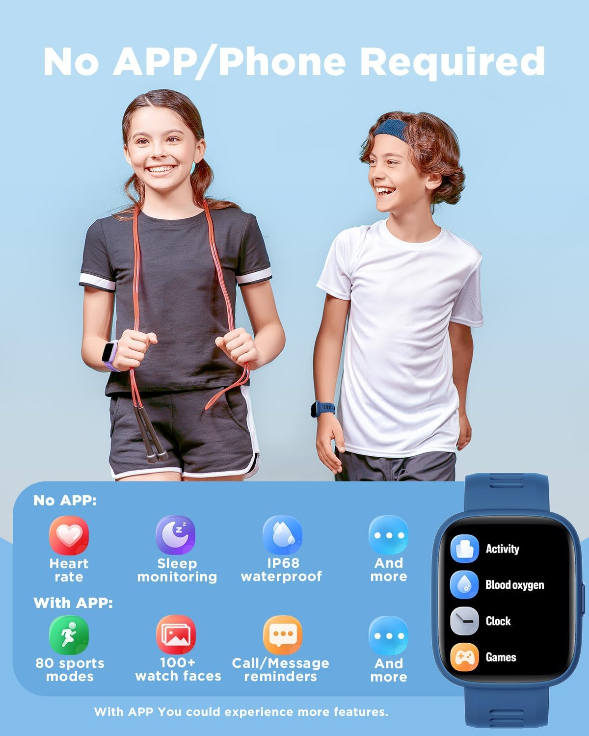 BIGGERFIVE Smart Watch for Kids, 1.8" Fitness Tracker Watch Pedometer, IP68 Waterproof, Sleep Monitor, Calorie Step Counter, 5 Puzzle Games With/Without APP for Girls Boys Teens 5-16 - Blue image number 5