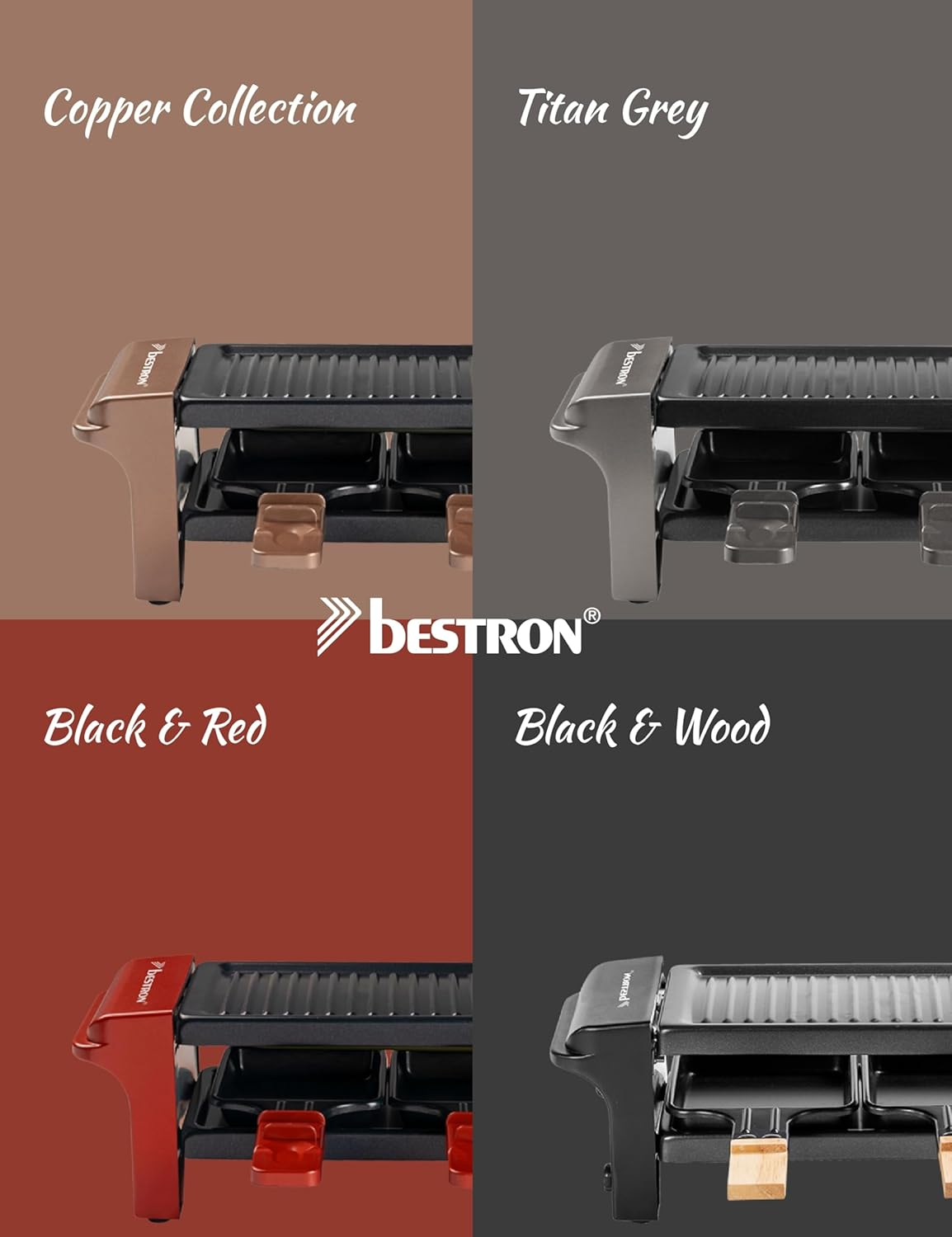 Bestron Raclette, Mini Grill for 1 to 2 People, with 2 Pans and 2 Spatulas, with Non-Stick Coating, 350 Watts, Colour: Grey