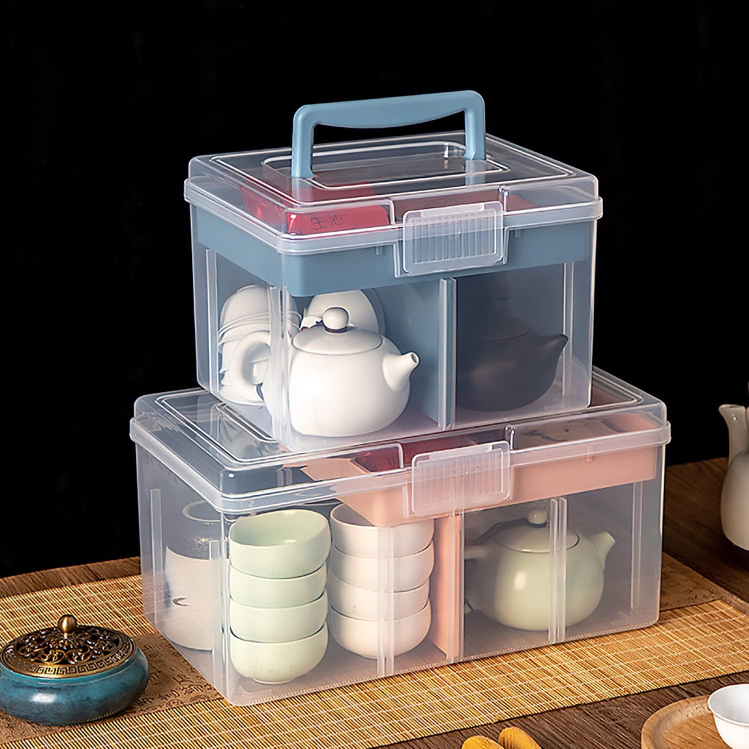 FOREVERIE Clear Small Plastic Storage Box with Handle & a Removable Tray & Adjustable Divider, Kids Students Children Art Box, Desk Organiser Case, Medicine Storage Box (Clear & Ocean Blue) image number 1