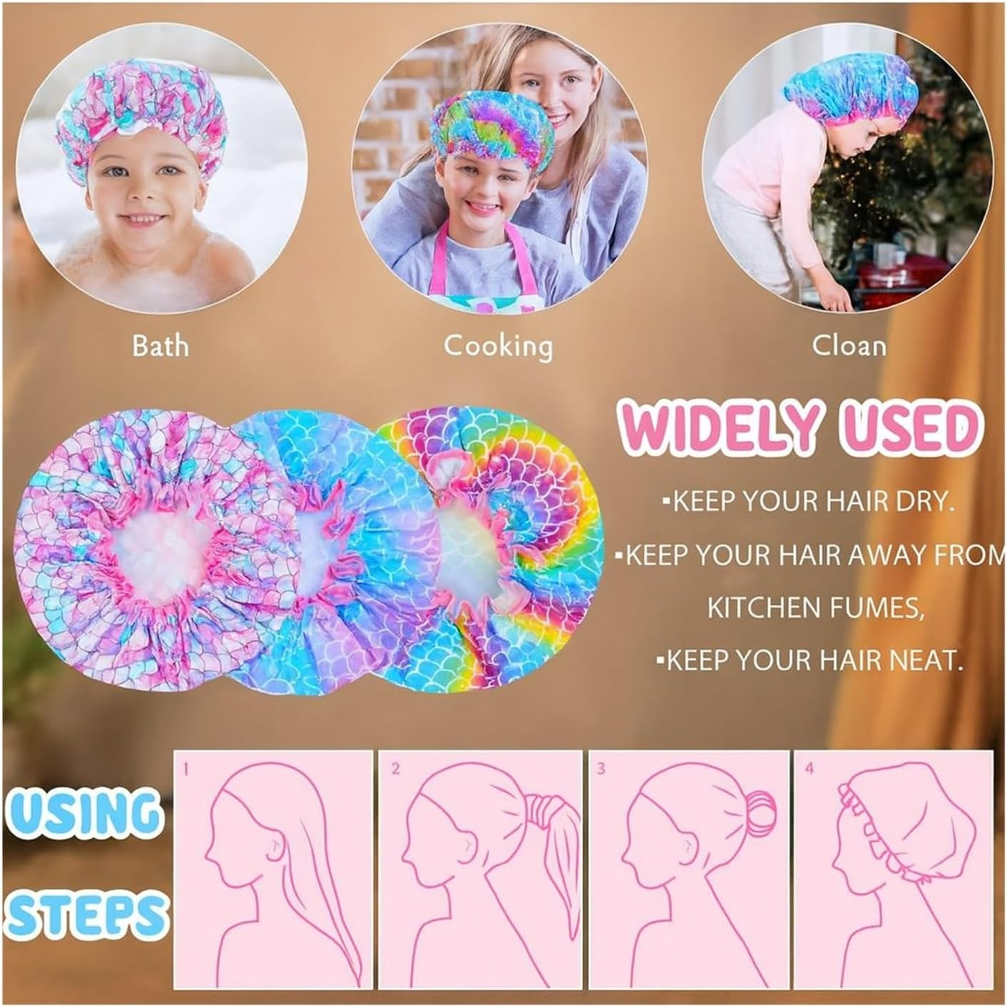 3 Pack Kids Shower Caps &ndash; Waterproof Reusable Hair Caps for Girls & Toddlers, Oversized Adjustable PE Bath Caps with Cute Design for Children and Women image number 3