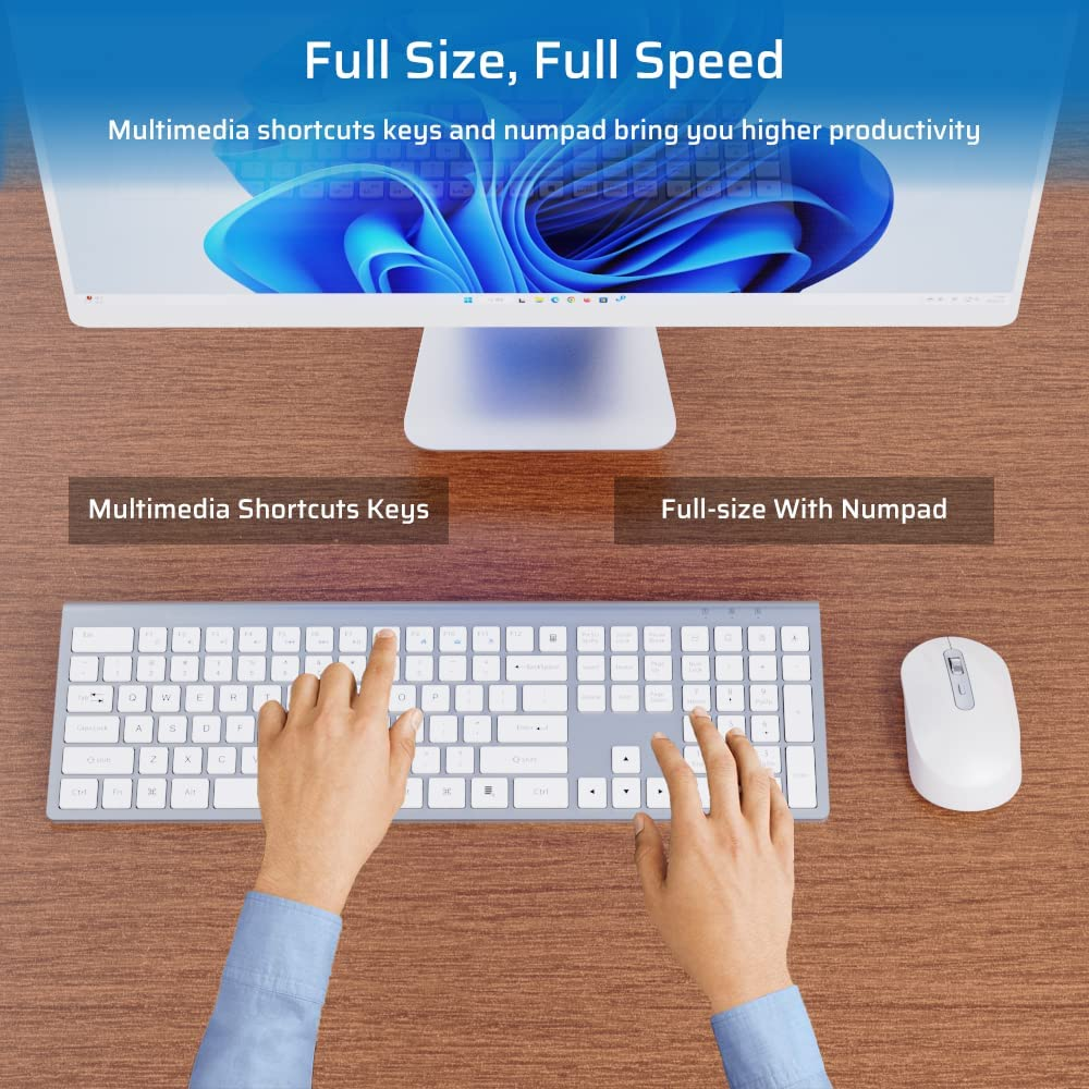 Wireless Keyboard and Mouse,Rechargeable Keyboard and Mouse 2.4G Mouse and Keyboard for MAC Windows White+Silver image number 2