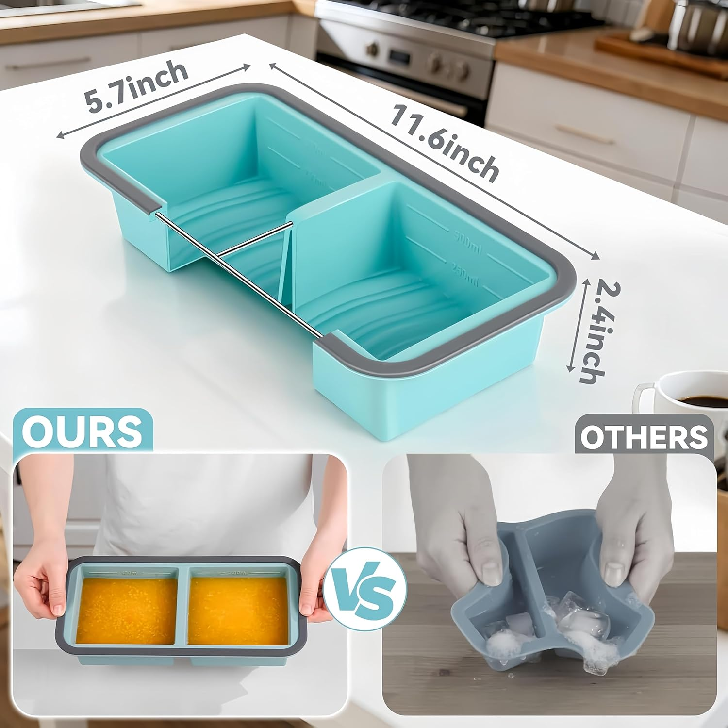 FJNATINH 2Pack Silicone Freezer Tray with Lid, 2 Cup Food-Safe Meal Prep Container for Soup/Lasagna/Casserole, Reusable Leak-Proof Freezer Mold, Oven Safe 415&deg;F (213&deg;C) & Dishwasher Safe image number 4