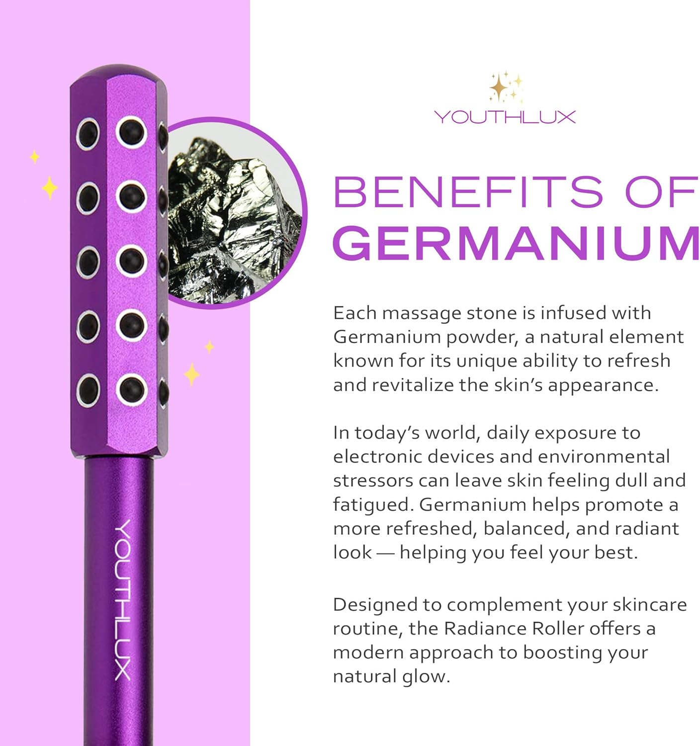 YOUTHLUX Radiance Roller &ndash; Germanium Stone Facial Massage Tool for Lifting, Sculpting, De-Puffing, Glow Boost, Energizing & Cooling Effect (Purple) - Purple image number 5