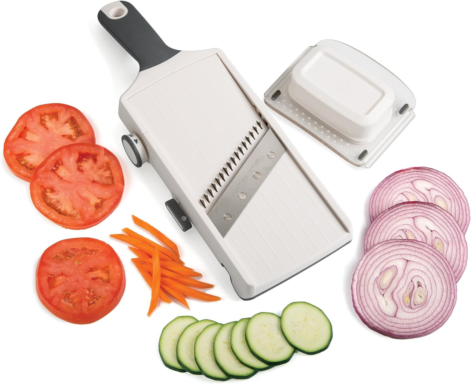 Progressive Hand-Held Adjustable Julienne and Slicer - Angled Stainless Steel Blade, Four Thickness Levels, Sturdy Hand Guard W/Strong Stainless Steel Prongs, Non-Skid Edge - White/Grey image number 3