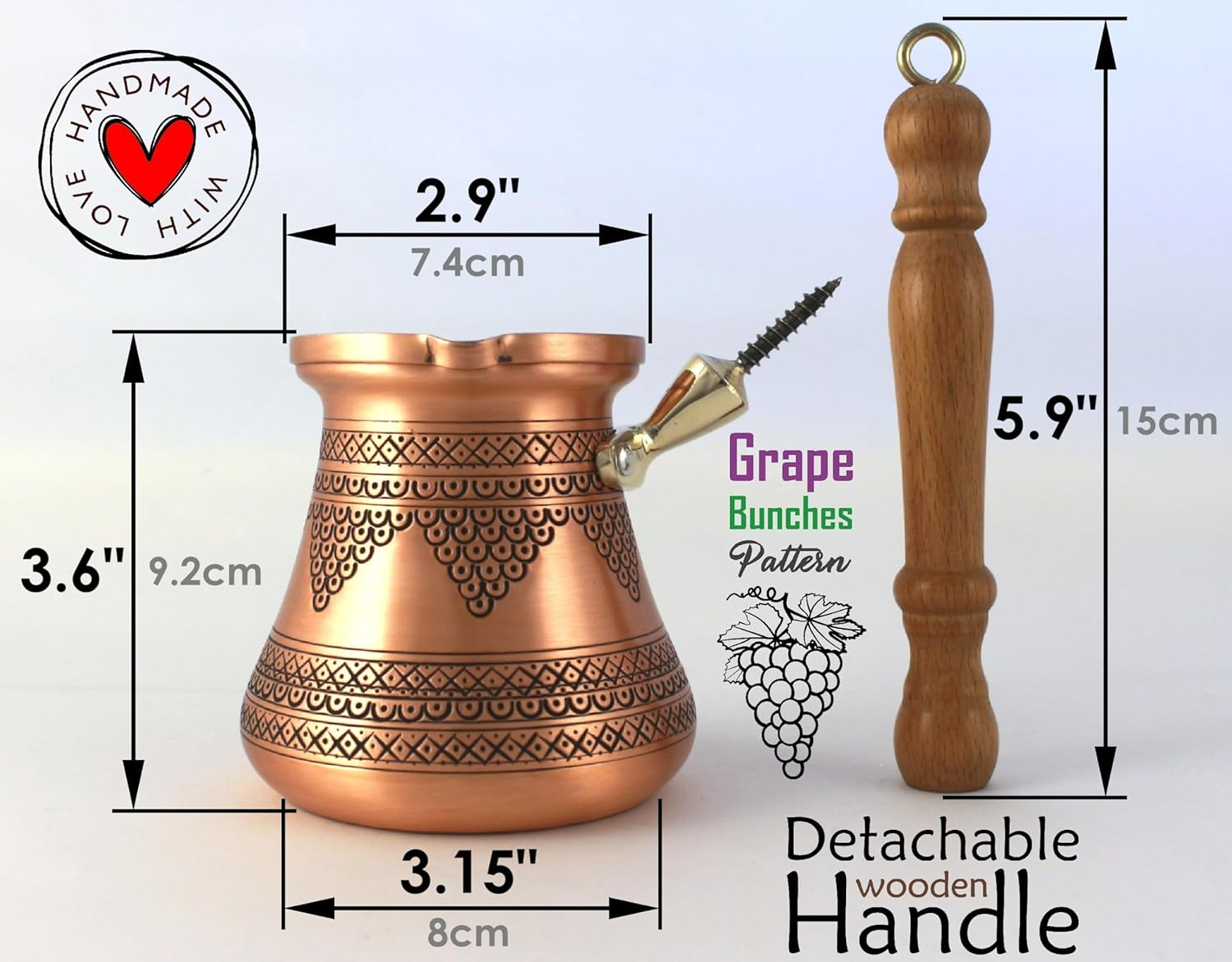 DEDE Copper - PCZ Series (Large-14Fl.Oz) - Thickest Solid Copper Engraved/Hammered Turkish Greek Arabic Coffee Pot with Wooden Handle, Stovetop Coffee Maker Cezve, Jezve, Jazva, Ibrik, Briki (Matte) image number 4