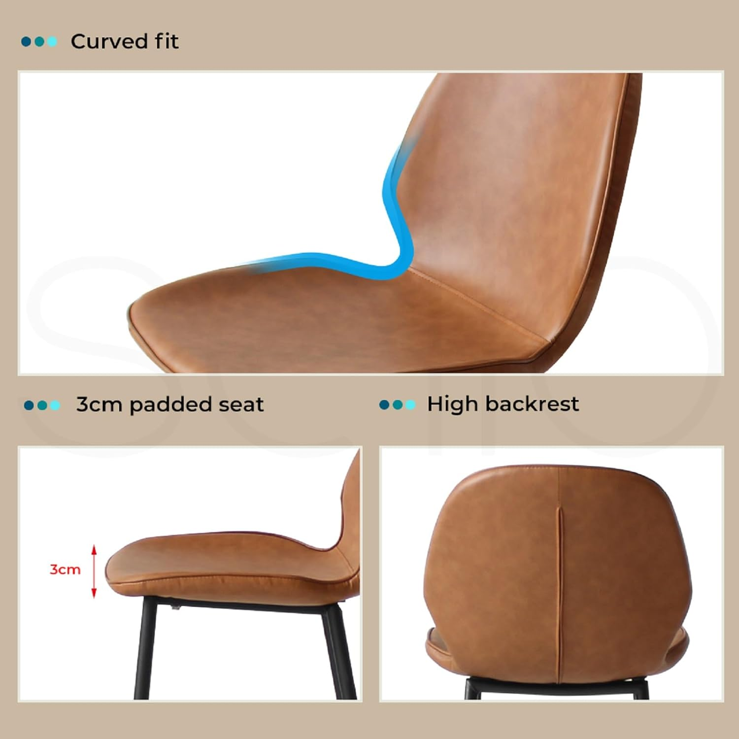 LEVEDE Bar Stools Set of 2, Bar Chairs with Backrest and Footrest, PU Leather Dining Chairs Indoor Outdoor, Kitchen Counter Stools for Home Bar, Dining Room, Living Room, Cafe (Brown) - Grey image number 3