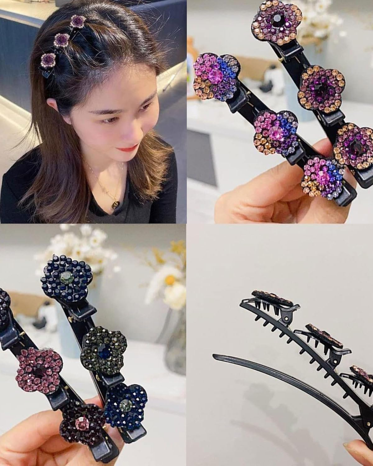 AORHOFJ Pack of 4 Four Leaf Clover Hair Clips, Delicate Four Leaf Clover Hair Clips, Colourful, Sparkling Crystal Hair Clip, Flower, Hair Clips Women, Flower Hair Clip, Flower Hair Clip image number 2