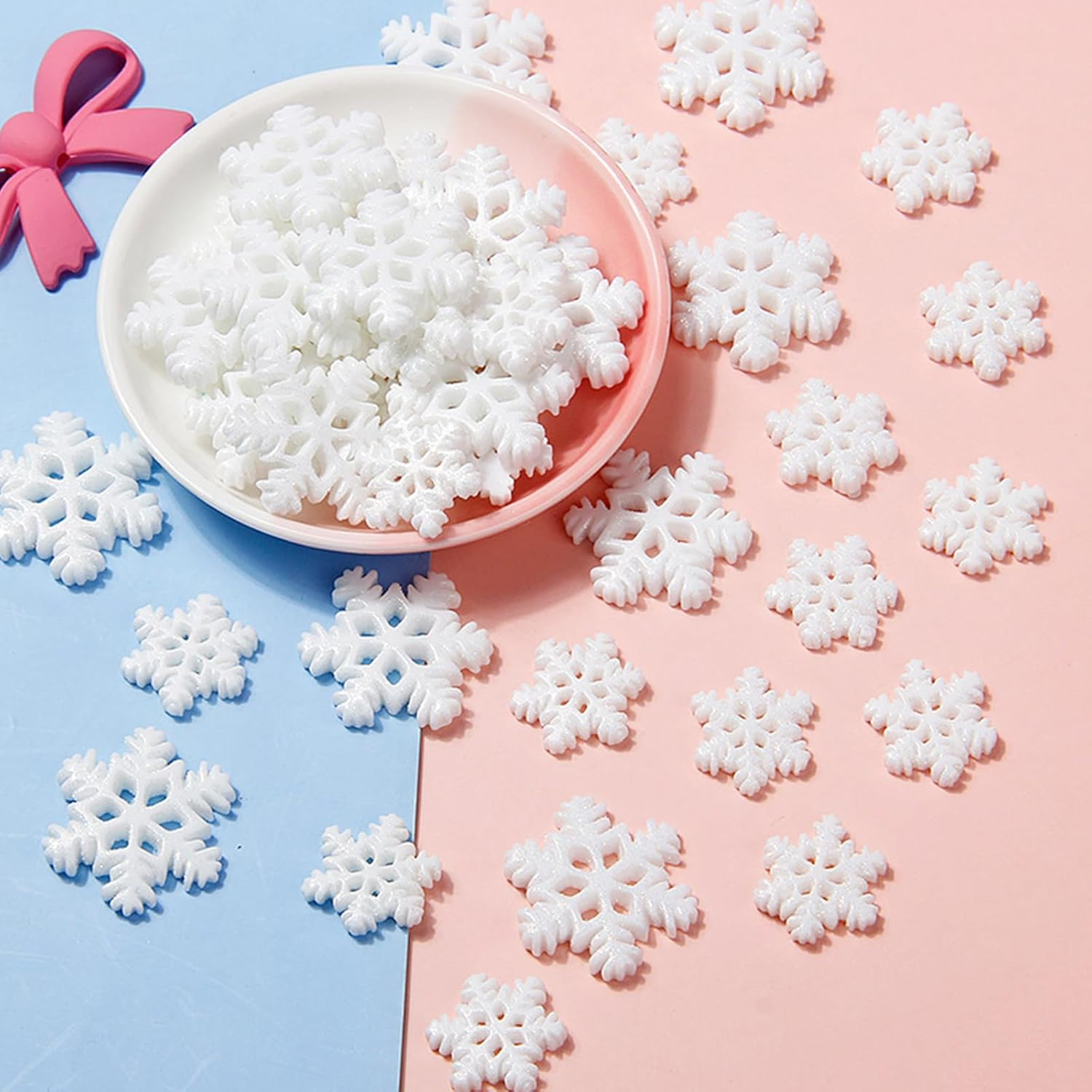 Small Snowflakes for Craft, 50 Pcs White Glitter Plastic Mini Snowflake for Scrapbook Embellishments, Christmas Embellishments, DIY Scrapbook Making, Craft Decoration image number 1