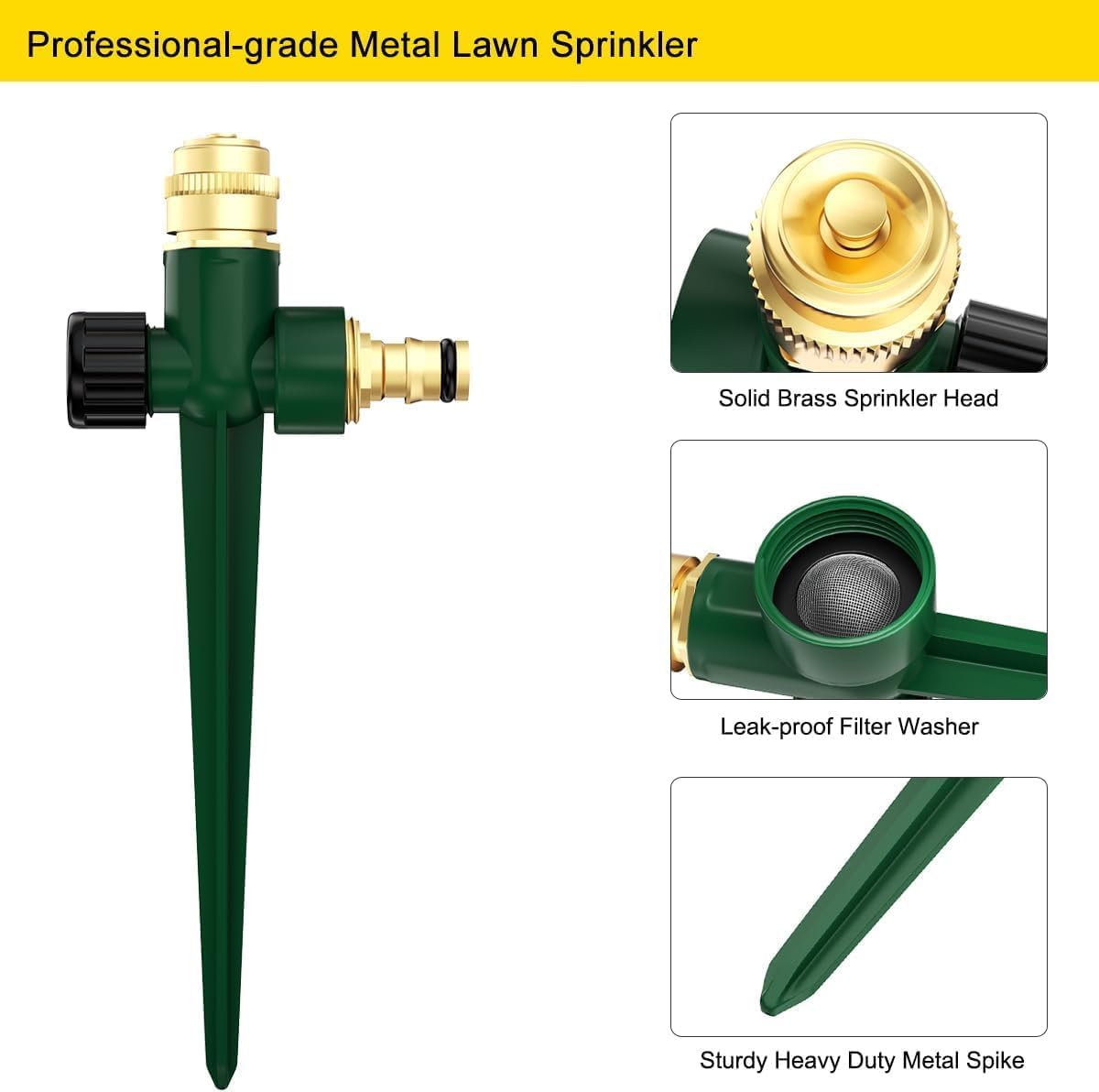 FANHAO 2 Pack Metal Lawn Sprinkler for Yard, Automatic Garden Water Sprinkler on Spike Base, Adjustable Brass Sprinkler Nozzle 360 Degree Large Area Coverage for Lawn Grass Patio Garden Irrigation