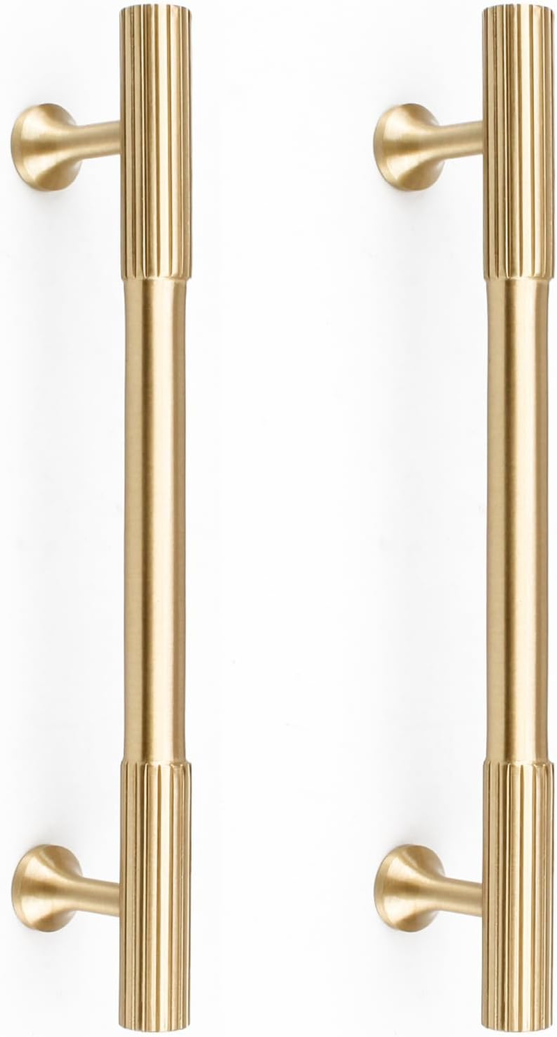 RZDEAL 4Pcs Solid Brass Gold Cabinet Pulls, 3-3/4-Inch Hole Centers for Kitchen Cupboard Handles Modern Drawer Dresser Pulls Bathroom Brushed Brass Cabinet Pulls Wardrobe Door Handles