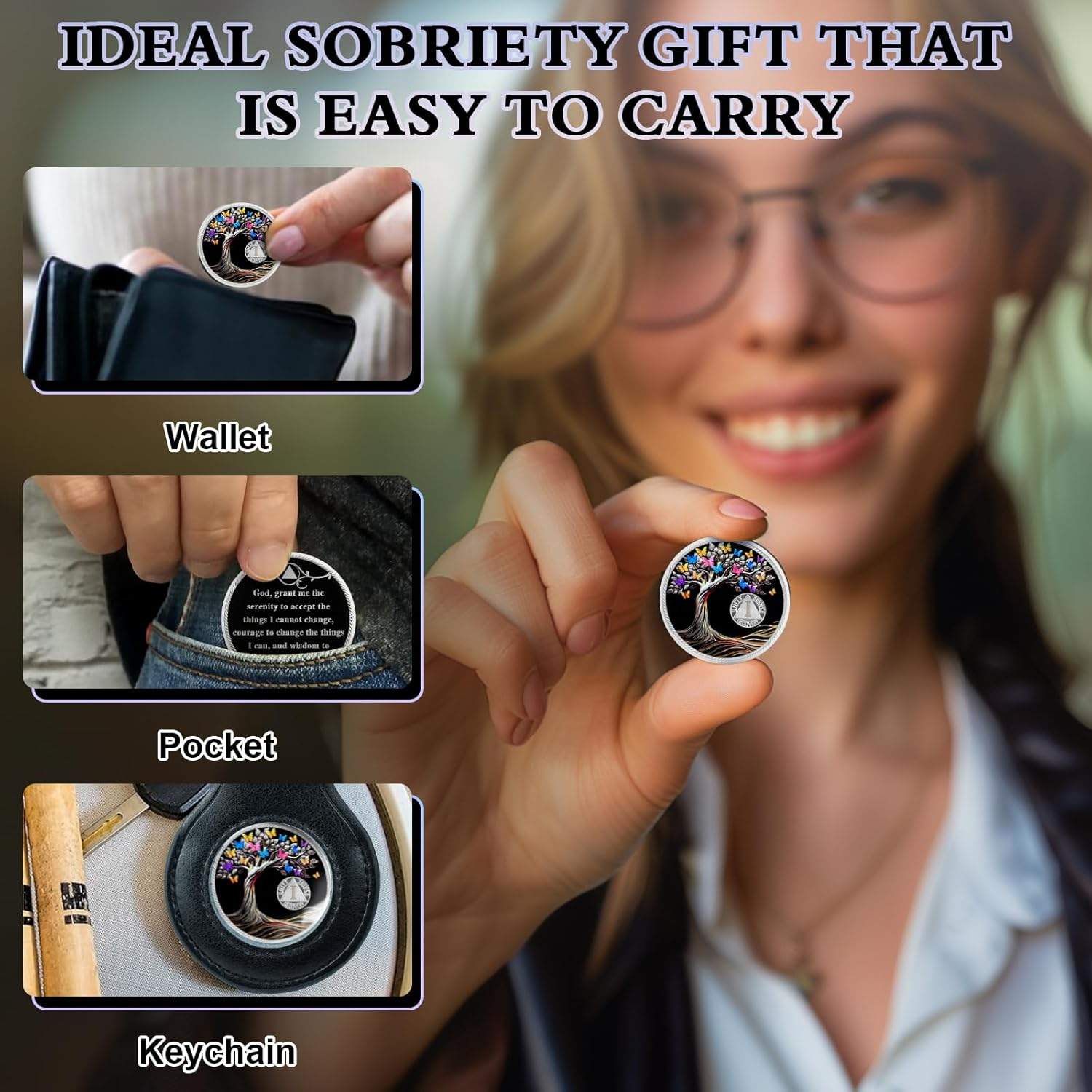 1 Year Sobriety Coin Butterfly Tree of Life AA Chips and Medallions Sobriety Recovery Chip Sober Token Sobriety Gifts for Men Women Celebrating Alcoholics Anonymous Recovery image number 4