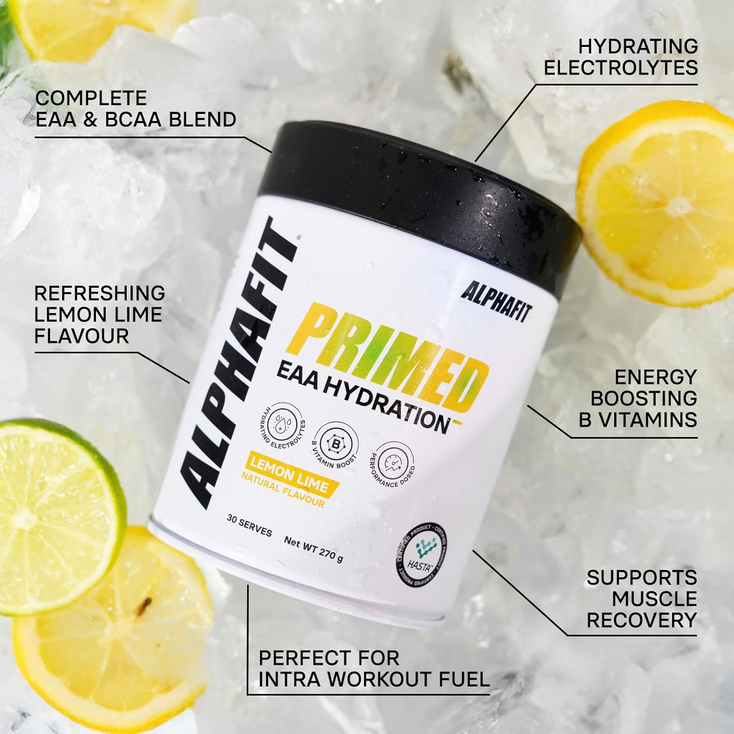 ALPHAFIT Primed EAA + Hydration Powder, Lemon Lime, Essential Amino Acids + Electrolytes for Recovery, HASTA Certified, 270G (30 Serves) image number 2