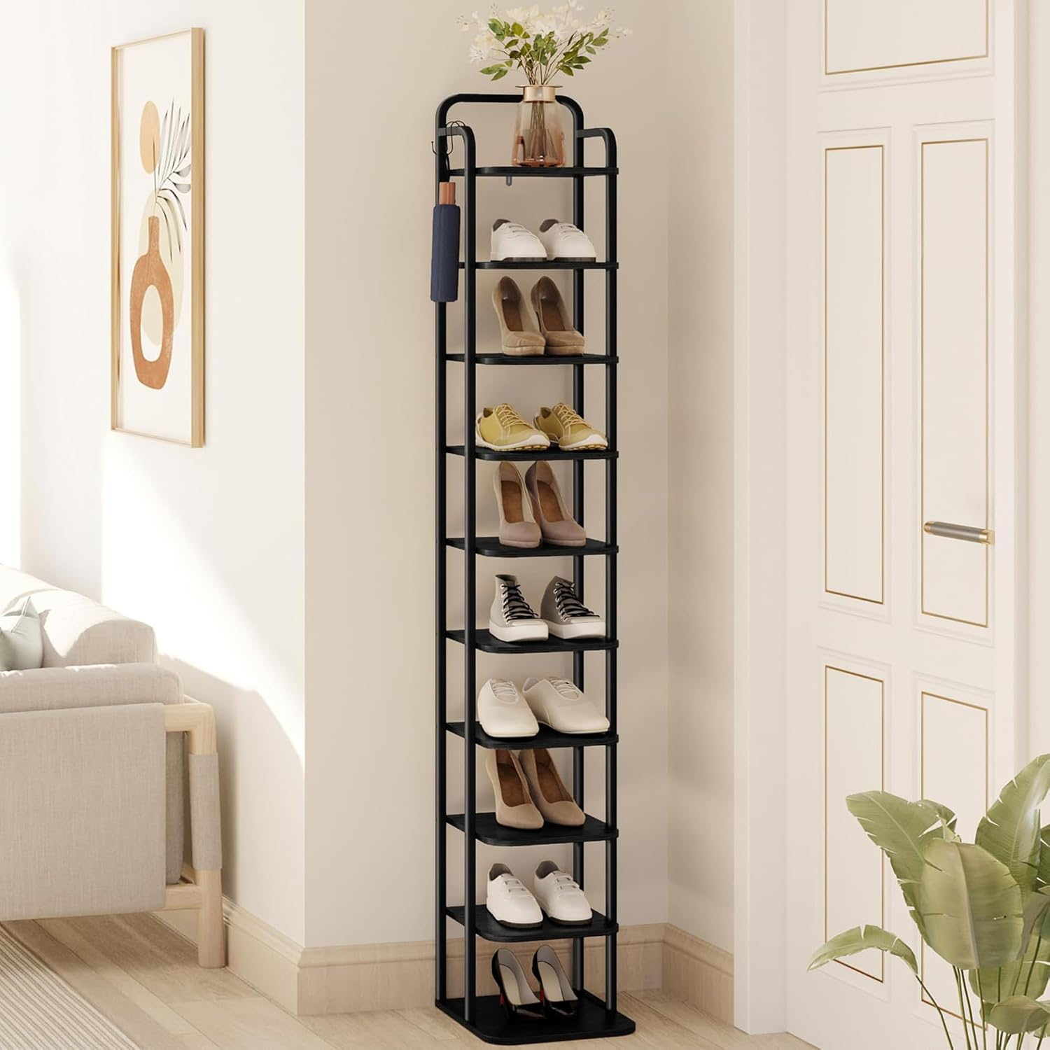 Hzuaneri Vertical Shoe Rack, Shoe Shelves, Wood Shoe Organizer for Closet, Entryway, Shoe Tower for Small Spaces, Free Standing, Adjustable, with 2 Hooks, 8 Tier Rustic Brown SR04301B