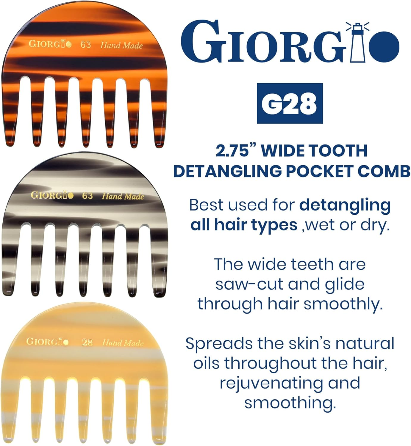 Giorgio G28 2 3/4" Hand Made Ivory Detangling Comb - Wide Teeth Flexible Comb, Hand-Made of Quality Durable Cellulose, Saw-Cut and Hand Polished (2 Pack, Ivory)