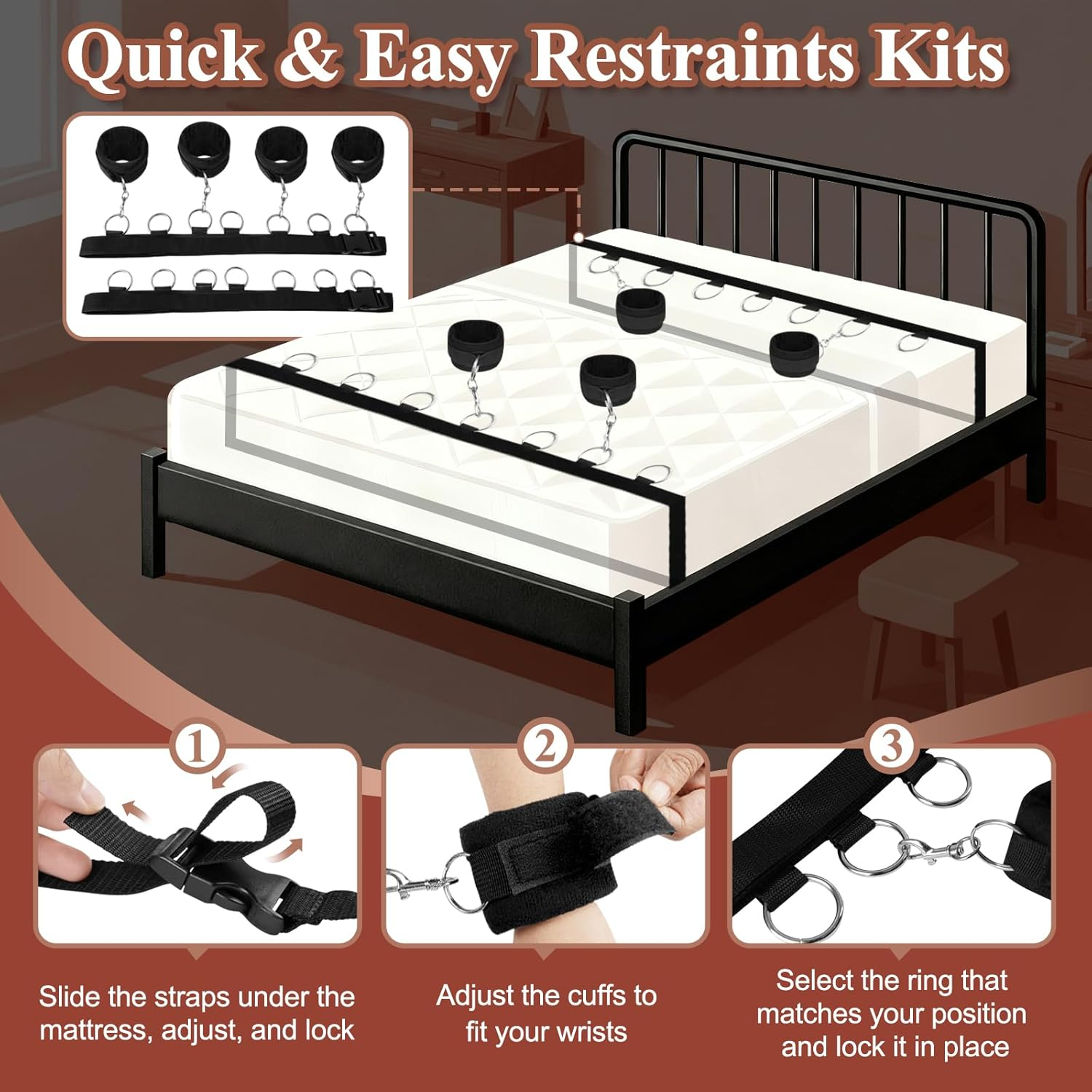 Bed Bondage Restraints Sex Adult,Bdsm Sex Handcuffs Bed Restraint Straps for Couples, under King/Queen Bed Sex Bondage Romance Straps for Couple,Sexy Toys Set with Adjustable 2X2 Wrists Ankle Cuffs