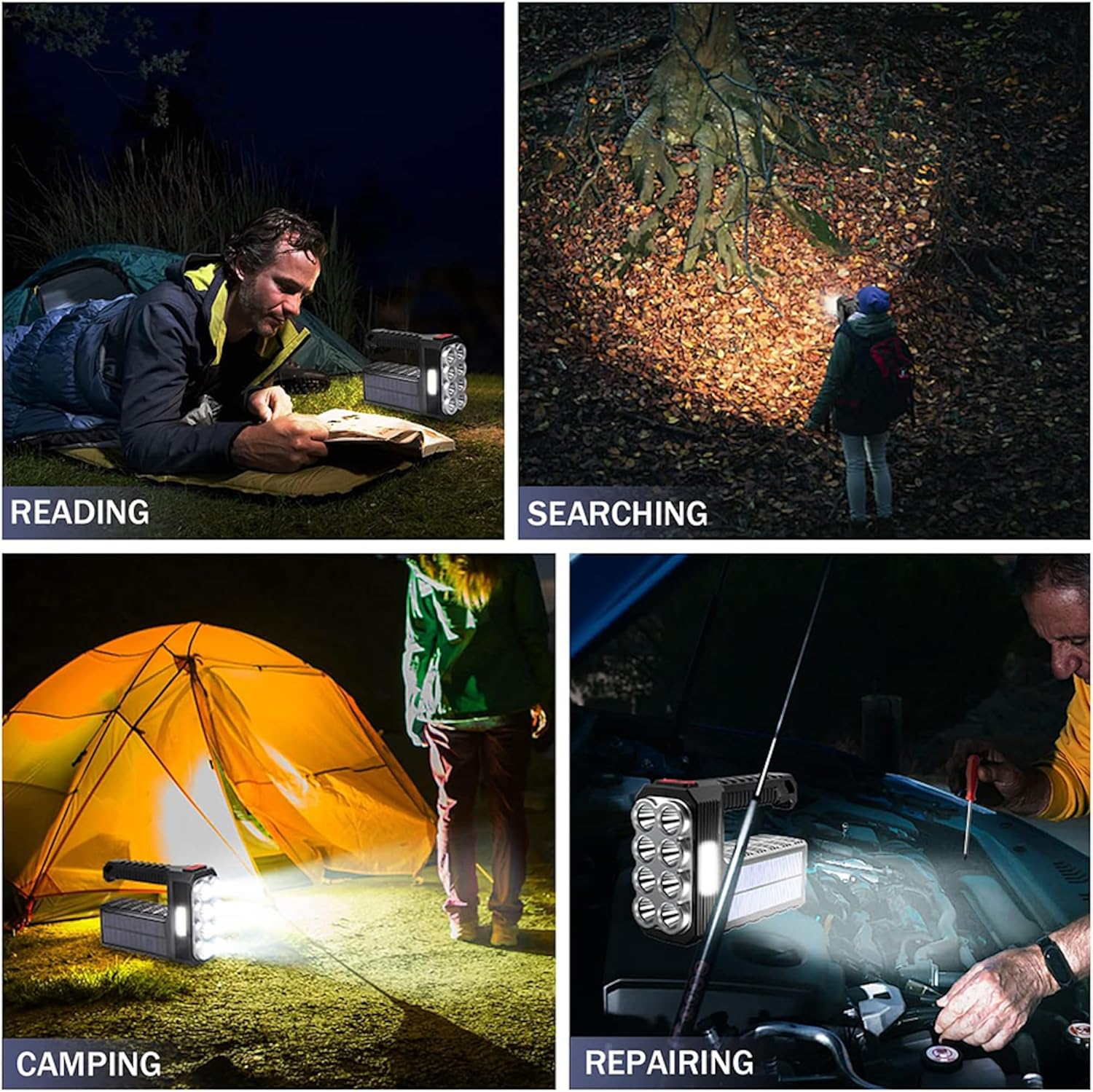 Mega Power 8 LED Solar Handheld Torch - Super Bright Rechargeable Portable Flashlight - Powerful Work Equipment - Bright Light for Camping Home Work Use Emergency Lamp - Indoor or Outdoor Spotlight image number 1