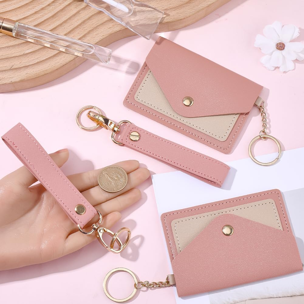 SUNNYCLUE 1 Box 2 Sets Pink Leather Wristlet Keychain Cute Key Chain Wallet Cute 2Pcs Wrist Landyard Strap 2Pcs Card Bags Hloder Keyring for Women Purse Car Fob Door Keys Accessories Adults No Lost image number 1