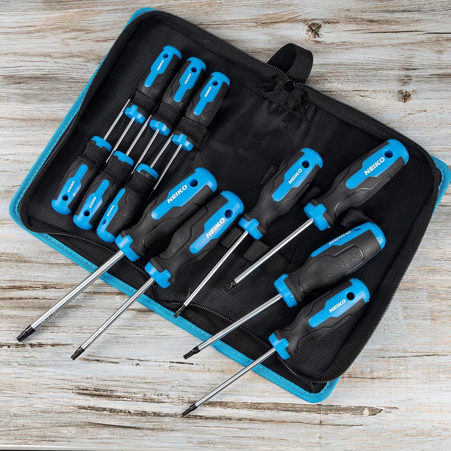 NEIKO 01377A Magnetic Torx Screwdriver Set | 12 Piece | T5 &ndash; T40 | 6 Point Star Head Driver | Heat Treated Chrome Vanadium Steel | Non Slip Cushioned Handle Grip | Magnet Bit Tip | Carrying Pouch