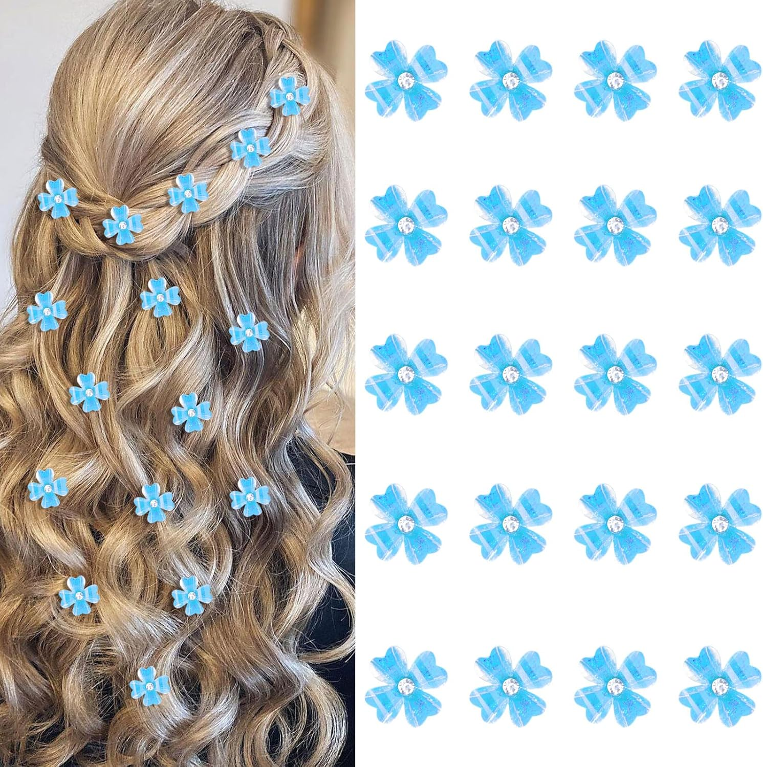 YISSION 20Pcs Mini Blue Flower Hair Clips with Rhinestone Cute Hair Pins Decorative Hair Clips Wedding Hair Barrettes Bridal Hair Accessories for Girls Women