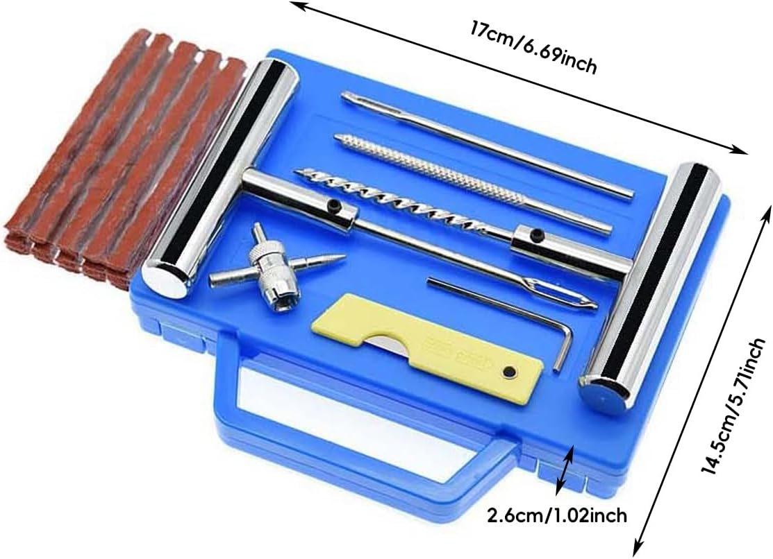 AIMALL 23PCS Tyre Repair Kit for Car Truck Motorcycle Bicycle, Emergency Puncture Plug Patch Set with T-Handle Reamer, Valve Core Tool, 15 Strips, Case 6.69X5.71X1.02In
